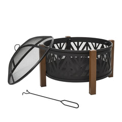 Kozy Metal Large Firepit Bowl Outdoor 2-In-1 Round Fire Pit Brazier w/ Lid,  BBQ Grill, Poker for Backyard, Camping, Bonfire, Wood Burning Stove, 78 x 78 x 60cm, Black