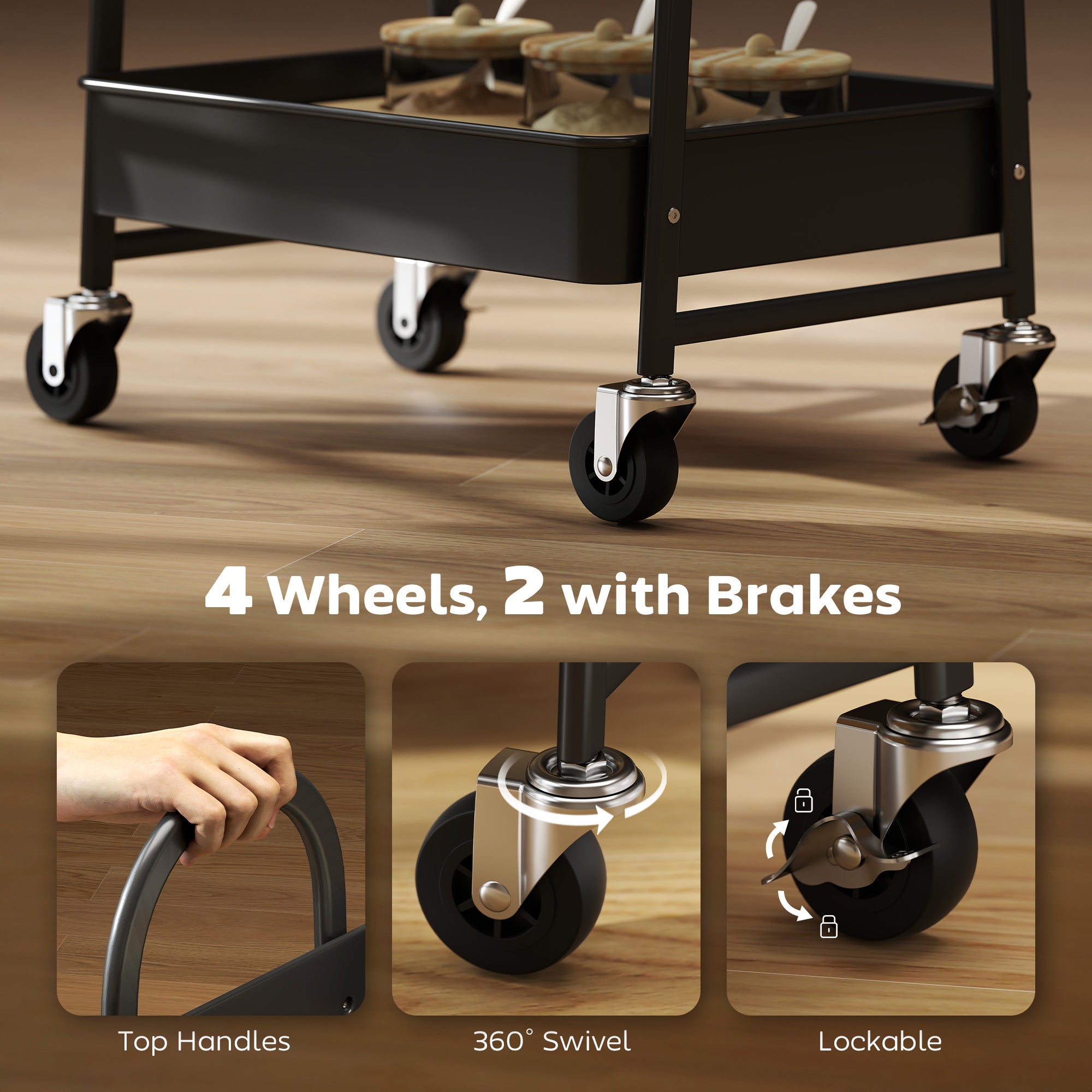 Kozy - 3-Tier Kitchen Storage Trolley with on Wheels Cover Top Board - Rustic Brown and Black