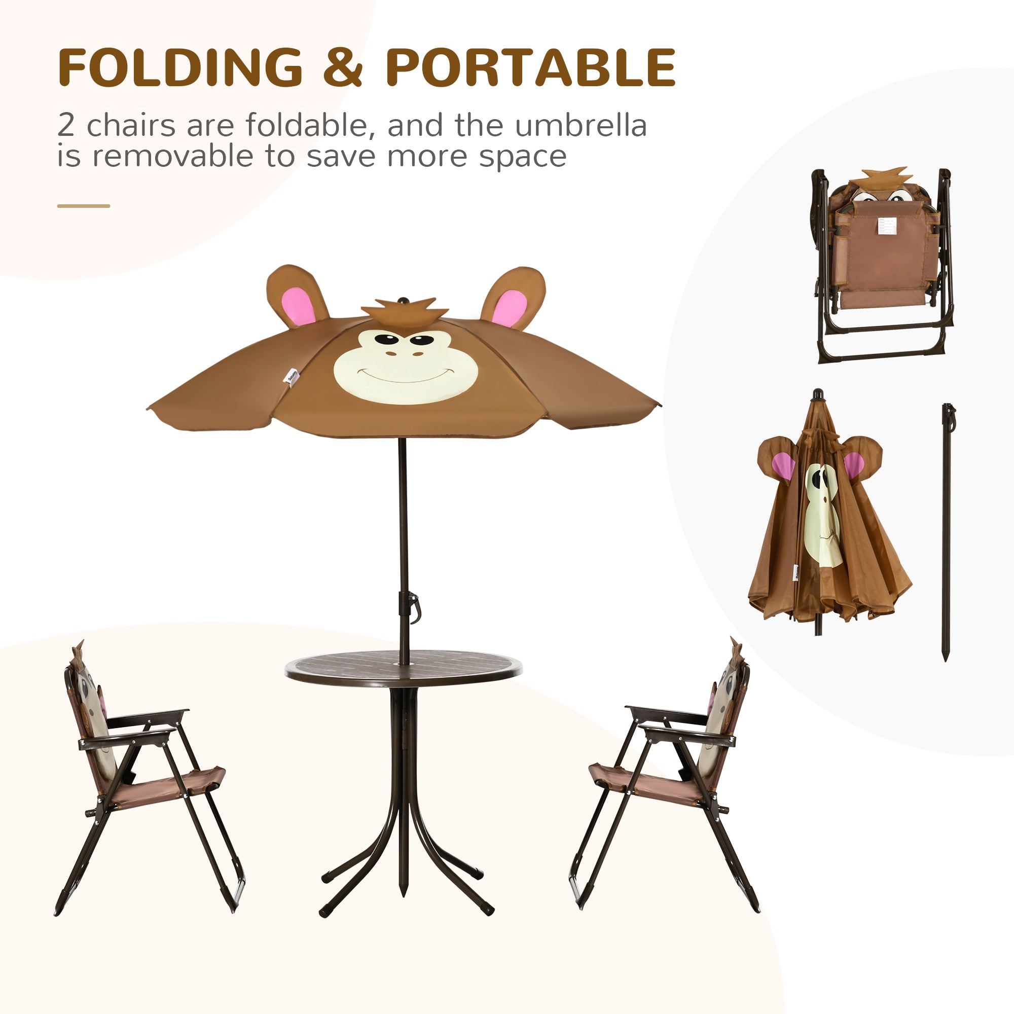 Kozy Kids Bistro Table and Chair Set, Outdoor Folding Garden Furniture w/Monkey Design, Removable, Adjustable Sun Umbrella, Ages 3-6 Years - Brown