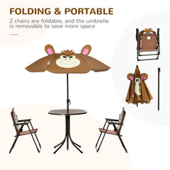Kozy Kids Bistro Table and Chair Set, Outdoor Folding Garden Furniture w/Monkey Design, Removable, Adjustable Sun Umbrella, Ages 3-6 Years - Brown