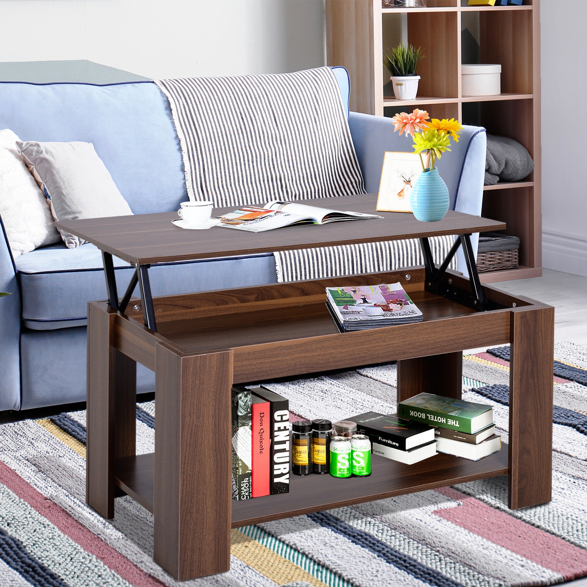 HOMCOM Modern Lift Up Top Coffee Table Desk Hidden Storage Bottom Shelf  100W x 50D x 63H cm