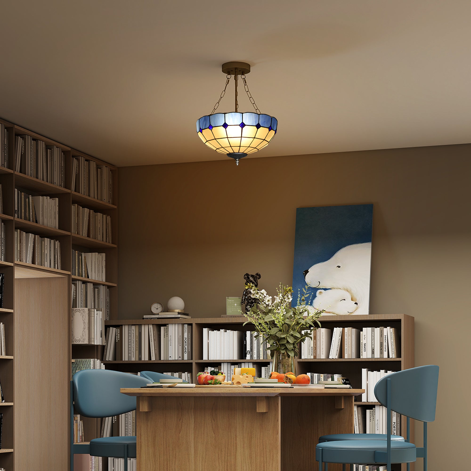 Kozy Tiffany Style Ceiling Light, Vintage Chandelier with 3 E27 Sockets, Semi Flush Mount for Living Room, Bulbs Not Included