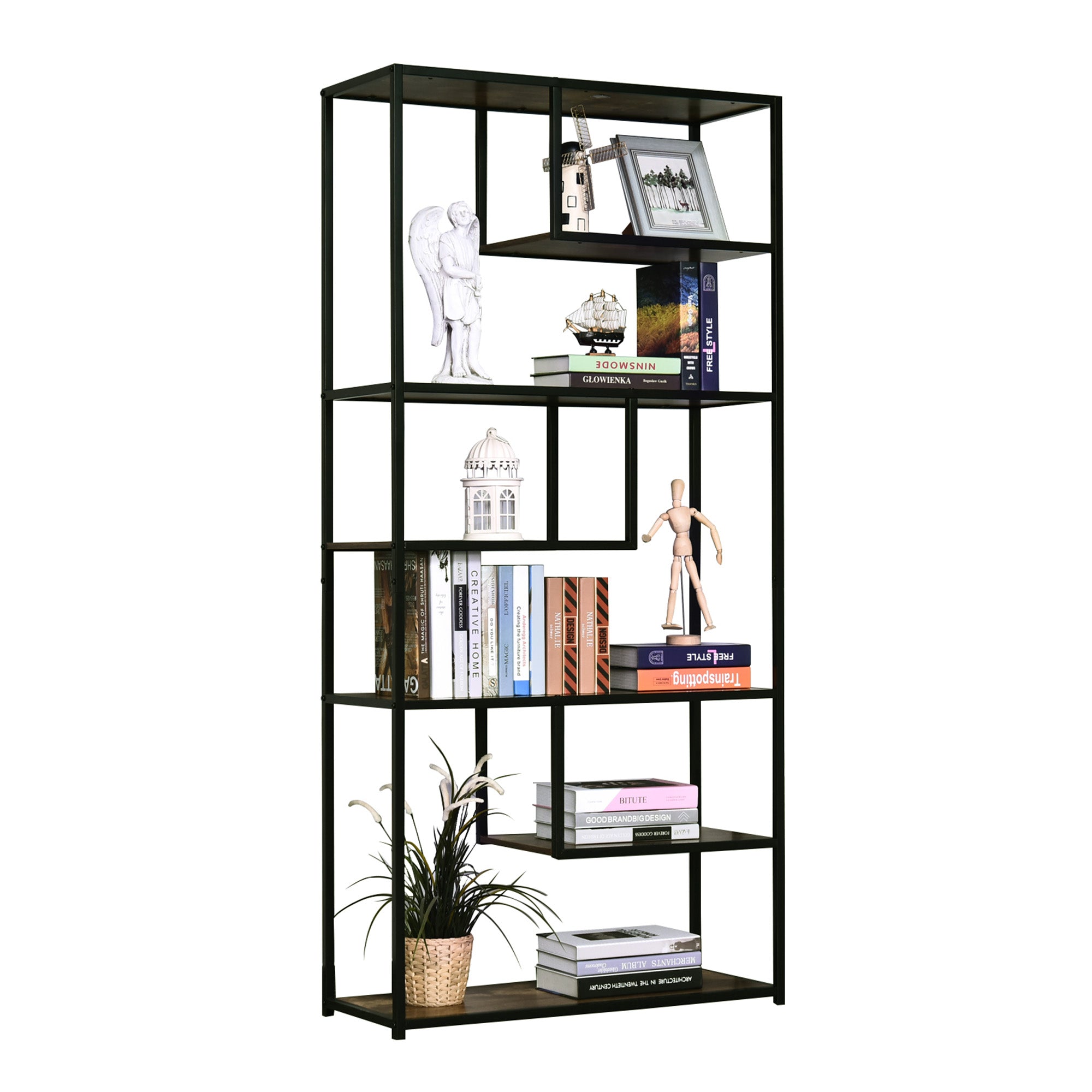 Kozy 6 Tier Bookcase, Industrial Tall Shelf Unit with Steel Frame for Home Office, Study, Living Room, Hallway, 82 x 33.5 x 175 cm, Rustic Brown and Black