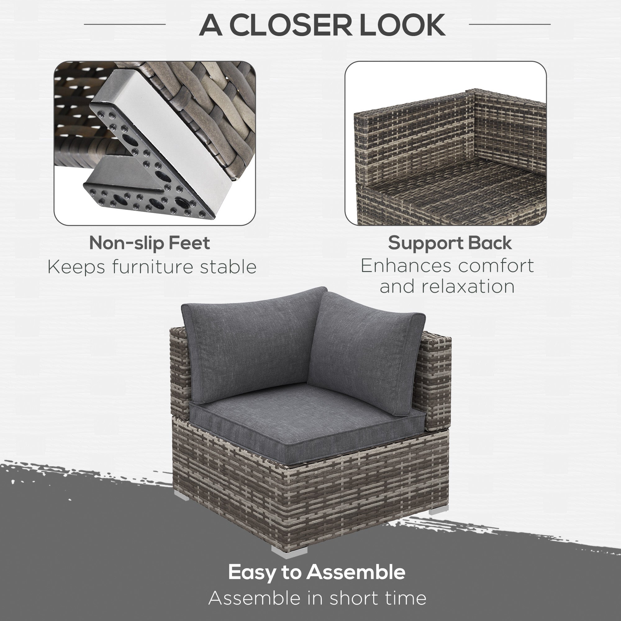 Kozy Outdoor PE Rattan Corner Sofa, Garden Wicker Furniture Single Sofa Chair w/ Cushions, Deep Grey