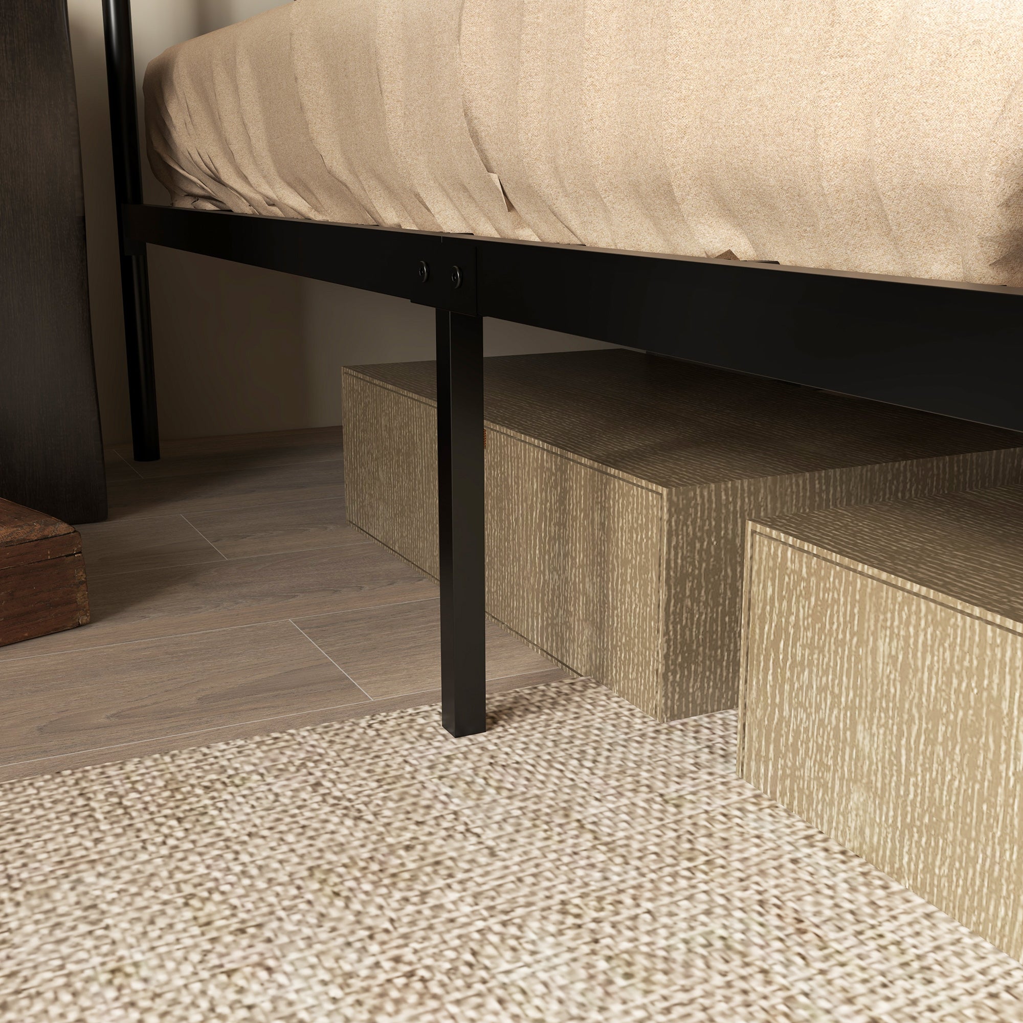 4.8ft Double Bed Frame with Industrial Wood Headboard, Steel Slat Support and 25.5cm Underbed Storage Space, 145 x 197cm, Rustic Brown