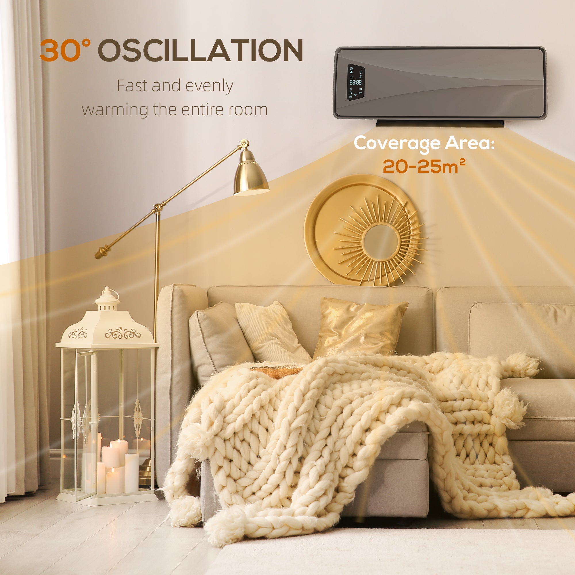 Kozy 2000W Ceramic Electric Heater with Fan, Adjustable Thermostat, Wall Mounted - Grey