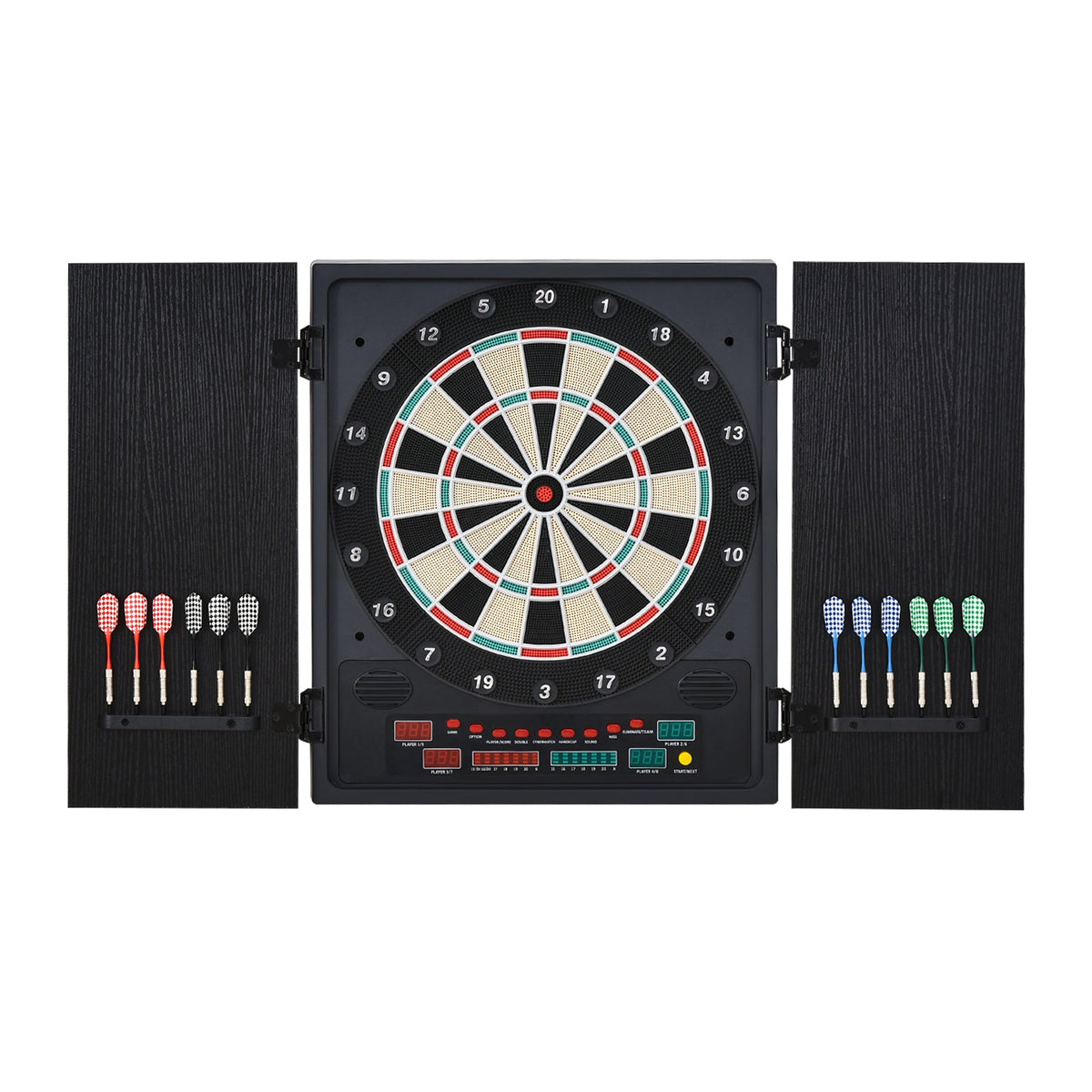 HOMCOM Electronic Dartboard In Case LED Scoreboard w/ 12 Darts 30 Heads Side Storage Cabinet Classic Game Family Fun Game Black White | Aosom UK