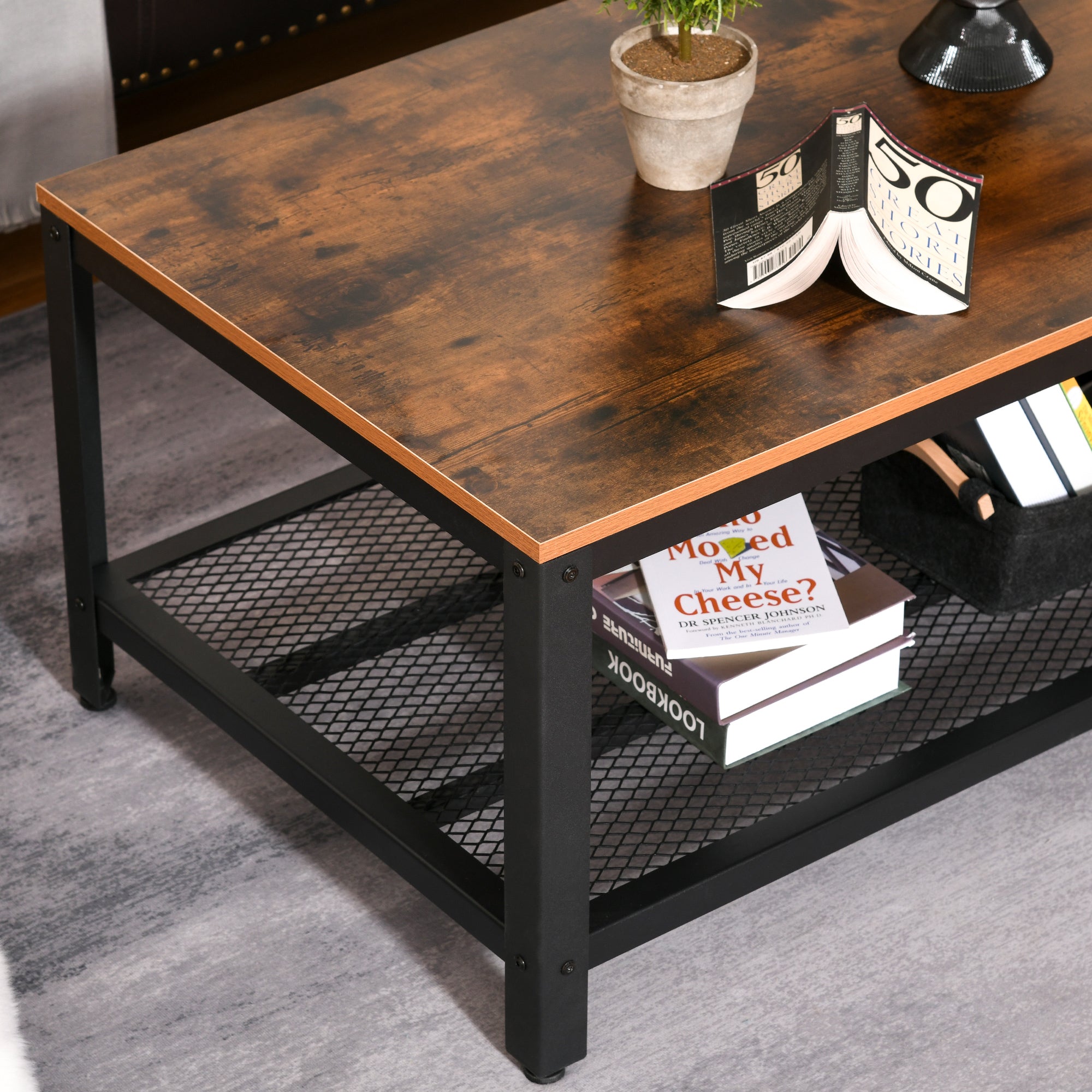 HOMCOM Industrial Coffee Table with Storage Shelf, Metal Frame, Two