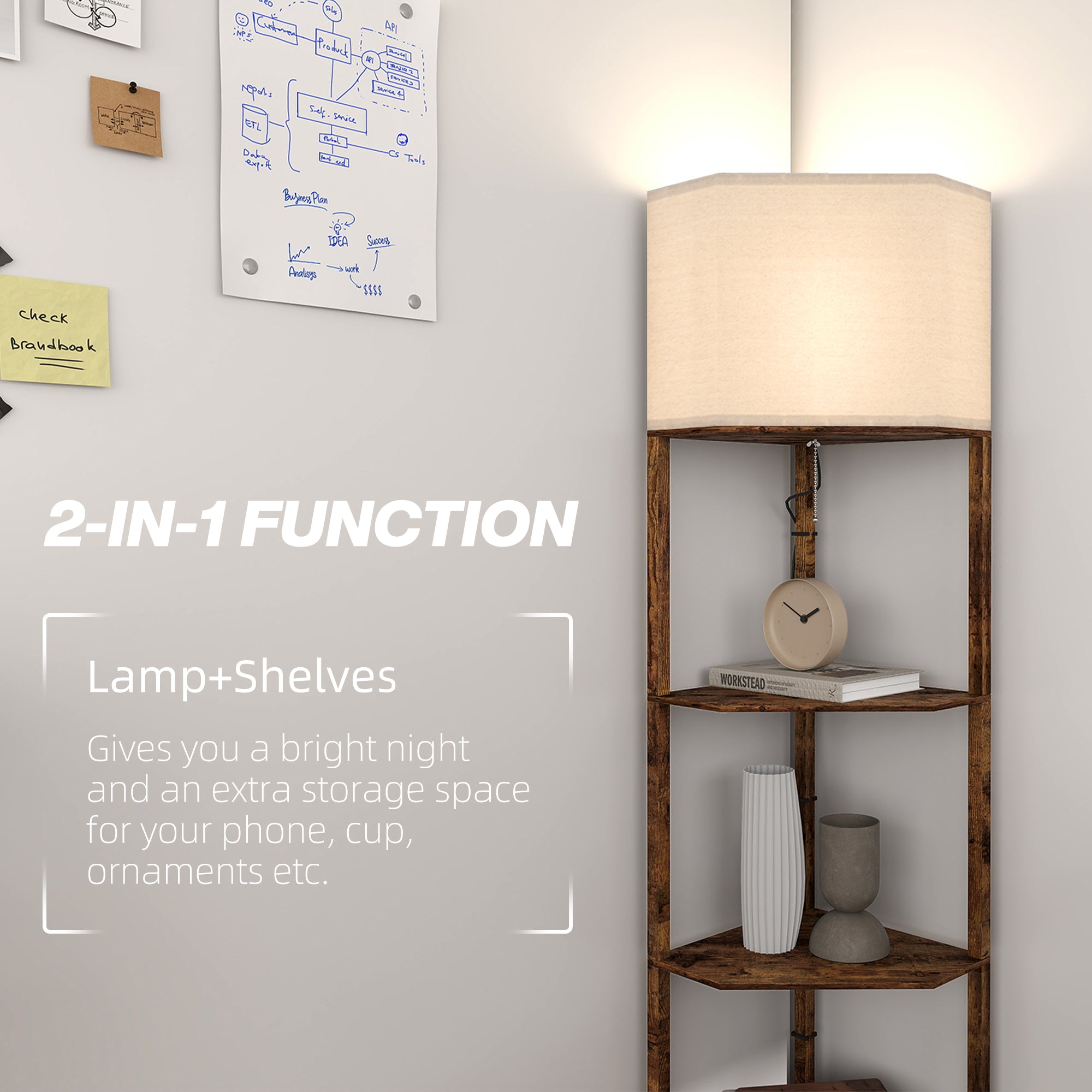 Kozy Corner Floor Light, with Shelves - Wood-Effect