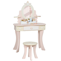 Kozy Kids Dressing Table, Girls Vanity Set with Mirror and Stool, 7 Play Accessories, Drawer, Desktop Storage, Pink