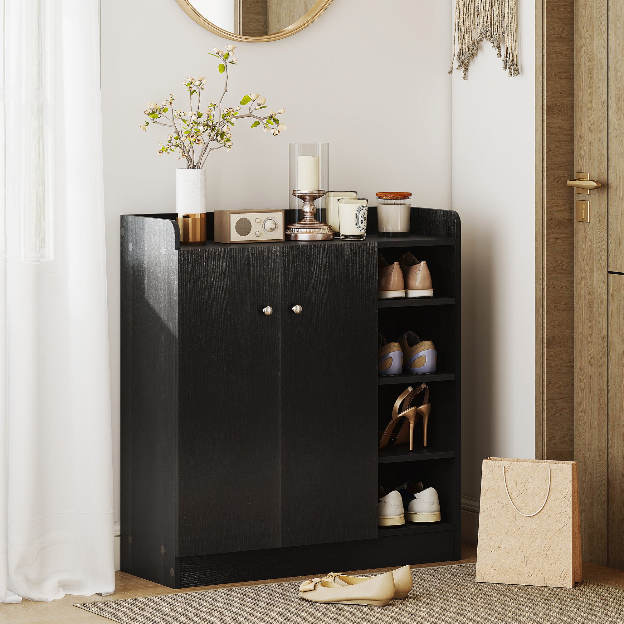 Kozy Shoe Storage Cabinet with Adjustable Shelves - Black