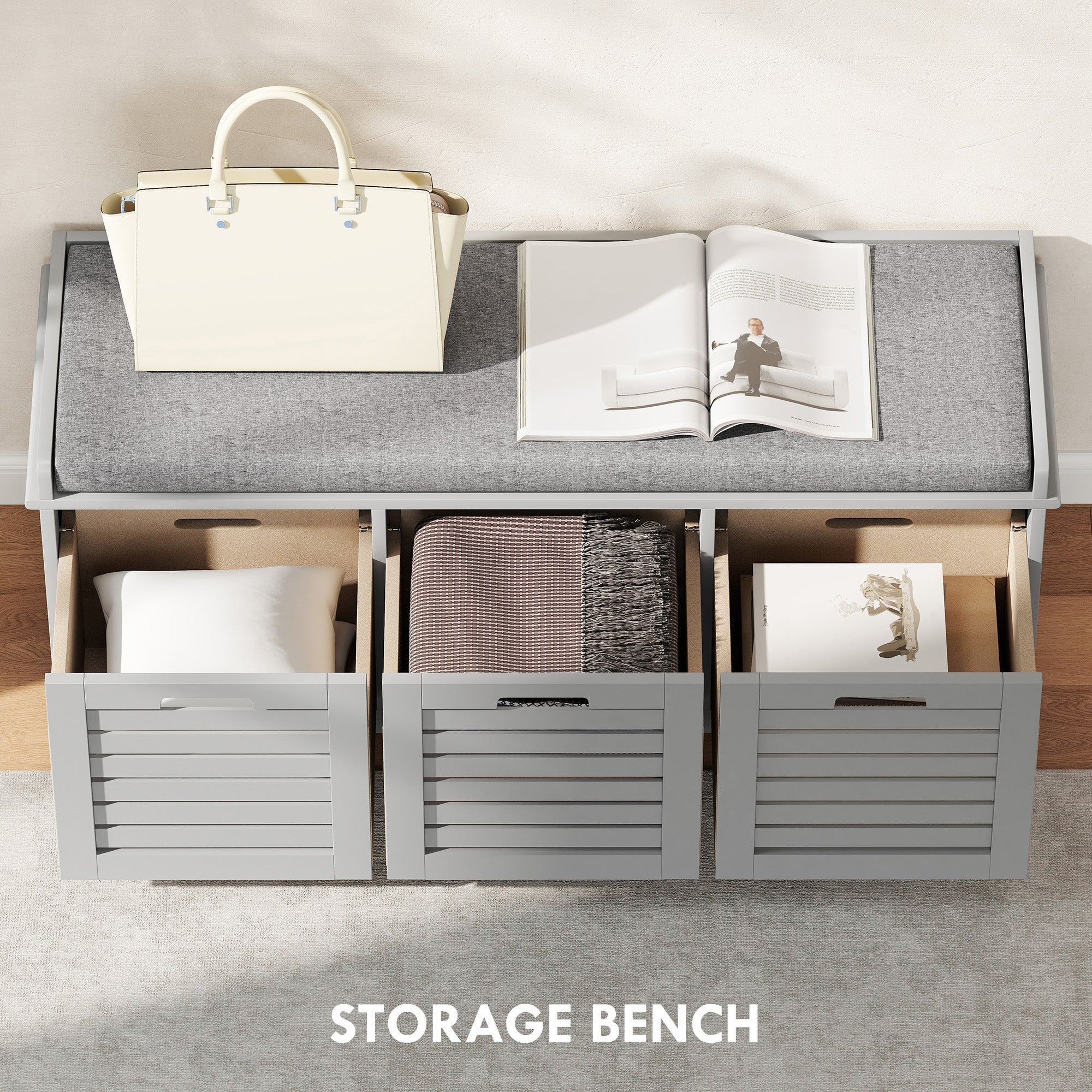 Kozy - 3-Drawer Shoe Storage Bench - Grey