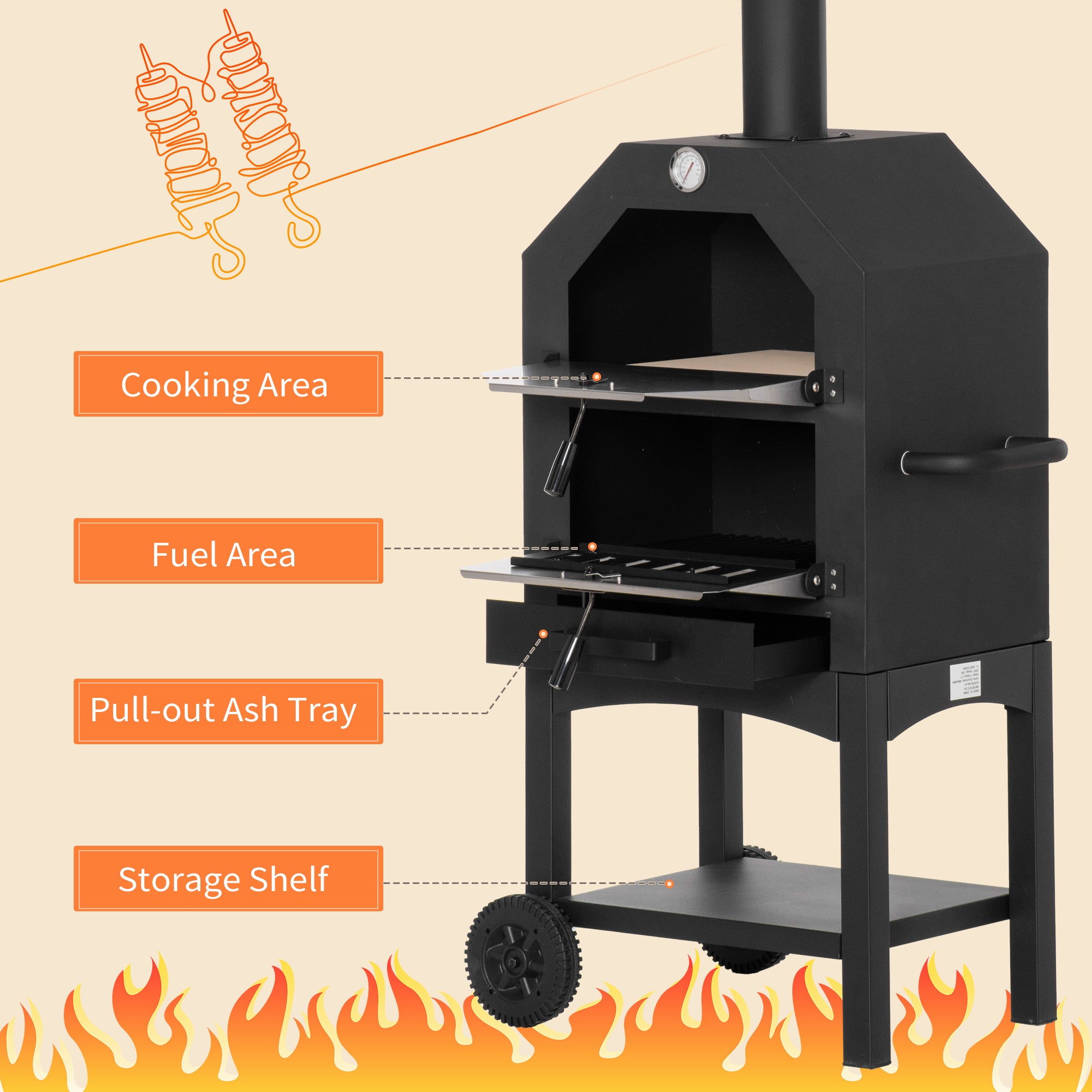 Kozy Outdoor Garden Pizza Oven Charcoal BBQ Grill 3-Tier Freestanding w/ Chimney, Mesh Shelf, Thermometer Handles, Wheels Garden Party Gathering Stainless Steel Cooker