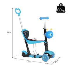 HOMCOM 5-in-1 Kids Toddler 3 Wheels Mini Kick Scooter Push Walker with Removable Seat & Back Rest for Girls and Boys Blue