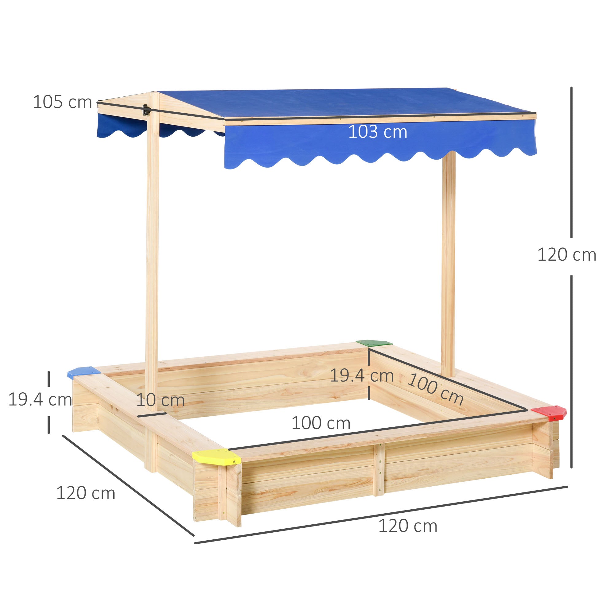 Kozy Kids Wooden Sand Pit Sandbox Children Square Outdoor Playset Adjustable Canopy Bench Seat 120x120x120cm