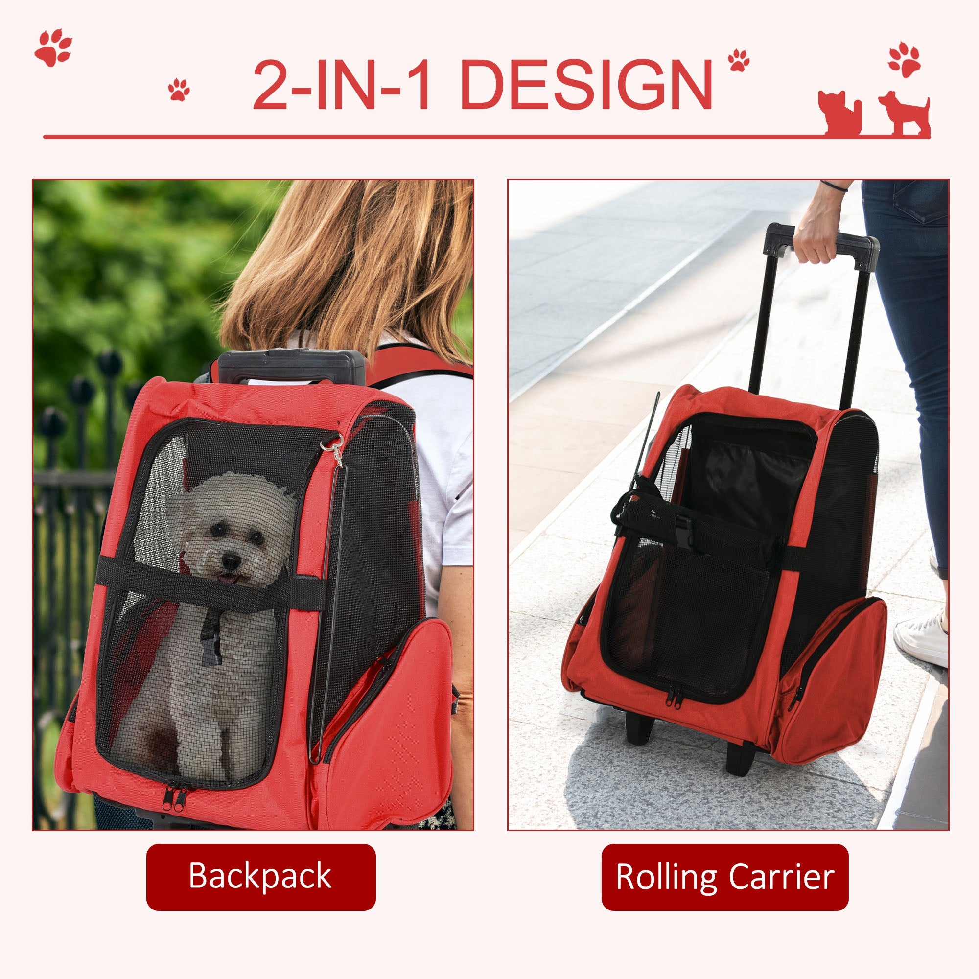 PawHut Pet Carrier Backpack with Trolley, Telescopic Handle Travel Bag for Dogs and Cats, 42 x 25 x 55 cm, Red