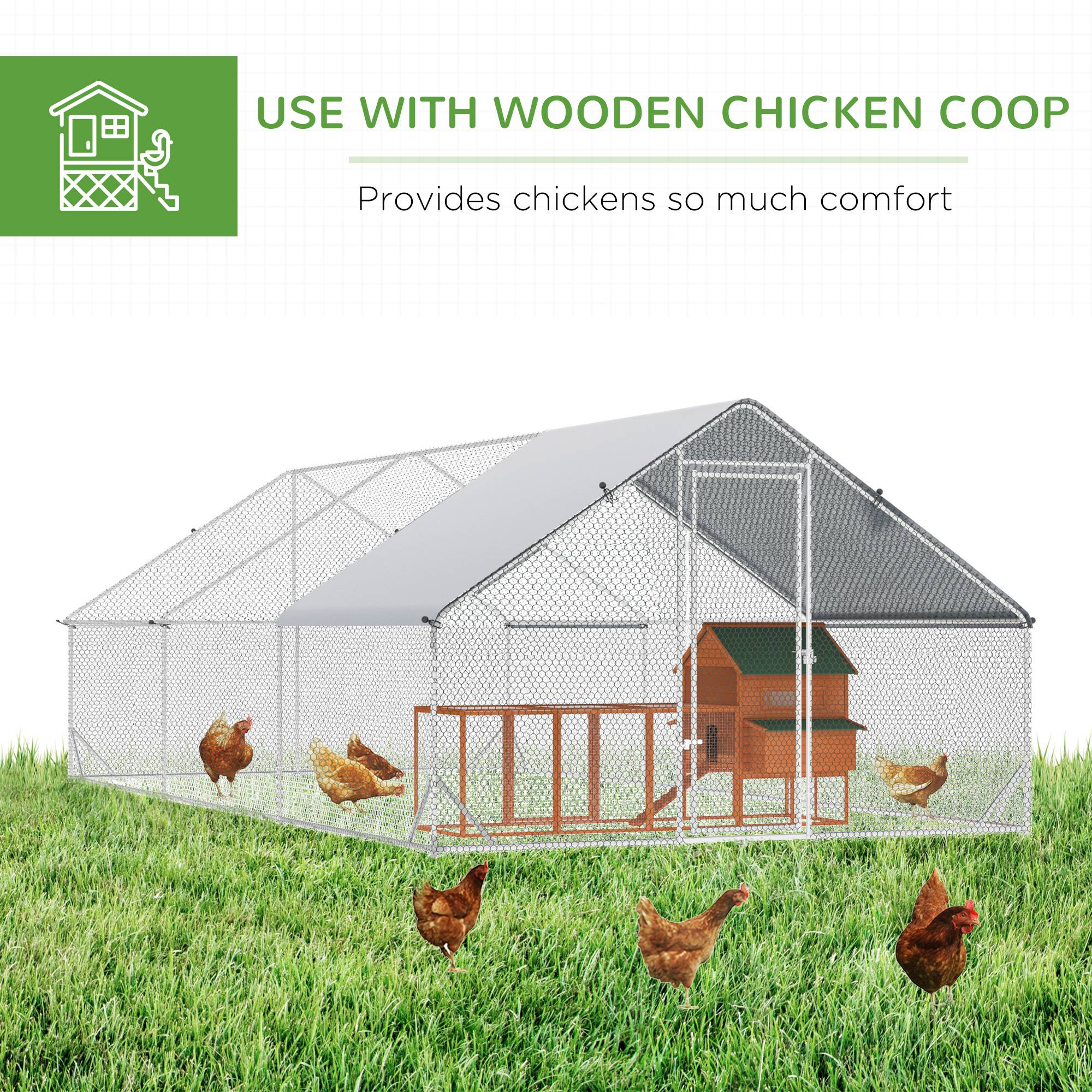 Kozy Large Hen Coop, Galvanised Walk In Chicken Run with Cover, 6 x 3 x 2m, Silver