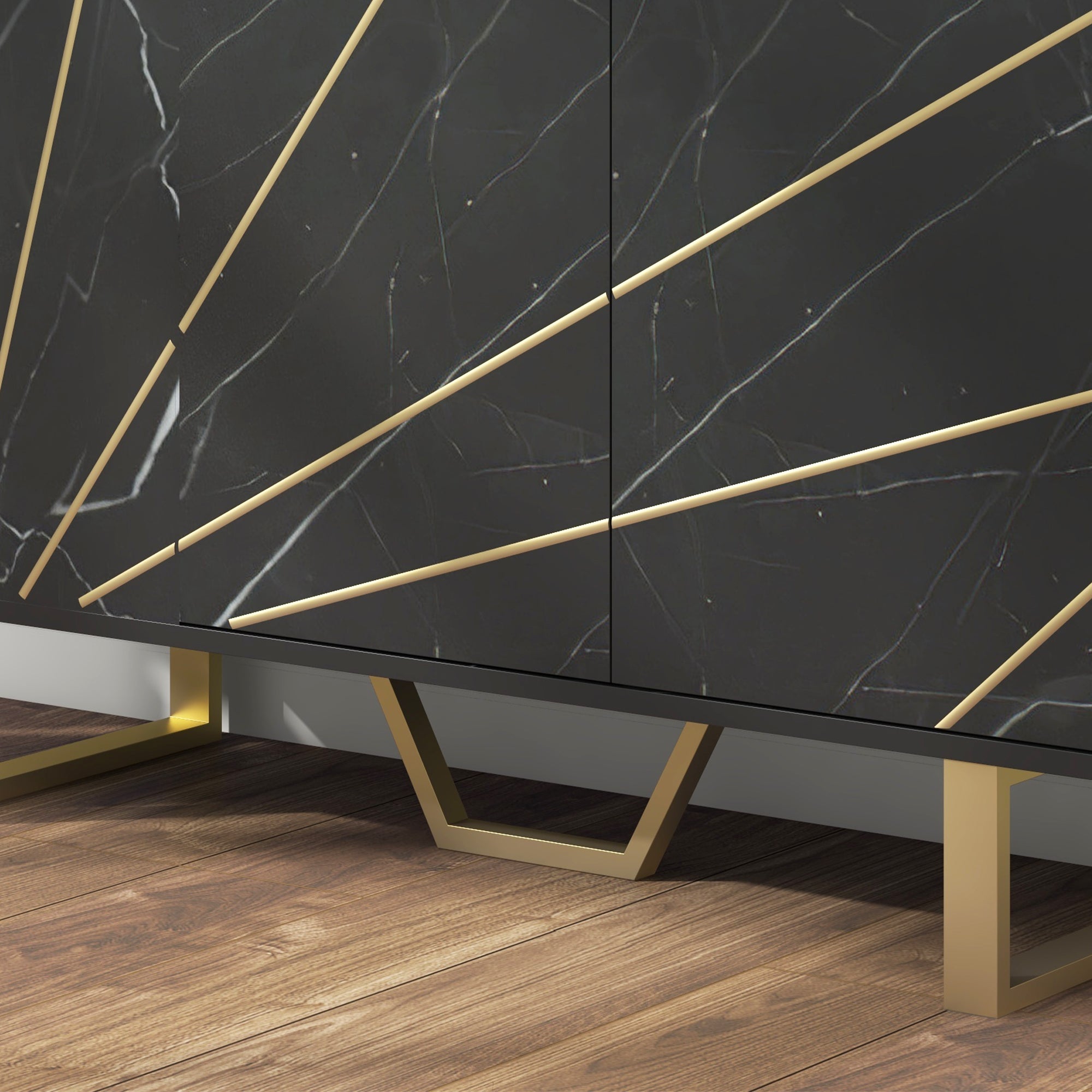 Kozy - Sideboard Storage Cabinet, Modern Storage Cupboard with Adjustable Shelves and Metal Legs for Living Room, Kitchen, Dining Room, Entryway, Black Marble Tone