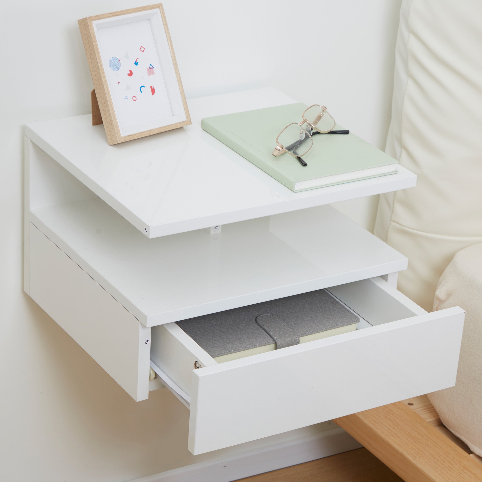 Kozy Set of Two Floating High Gloss Bedside Tables - White