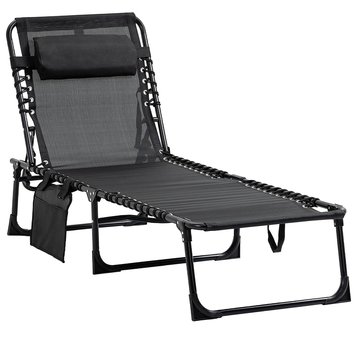 Kozy Portable Sun Lounger, Folding Camping Bed Cot, Reclining Lounge Chair 5-position Adjustable Backrest with Side Pocket, Pillow for Patio Garden Beach Pool, Black