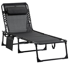 Kozy Portable Sun Lounger, Folding Camping Bed Cot, Reclining Lounge Chair 5-position Adjustable Backrest with Side Pocket, Pillow for Patio Garden Beach Pool, Black