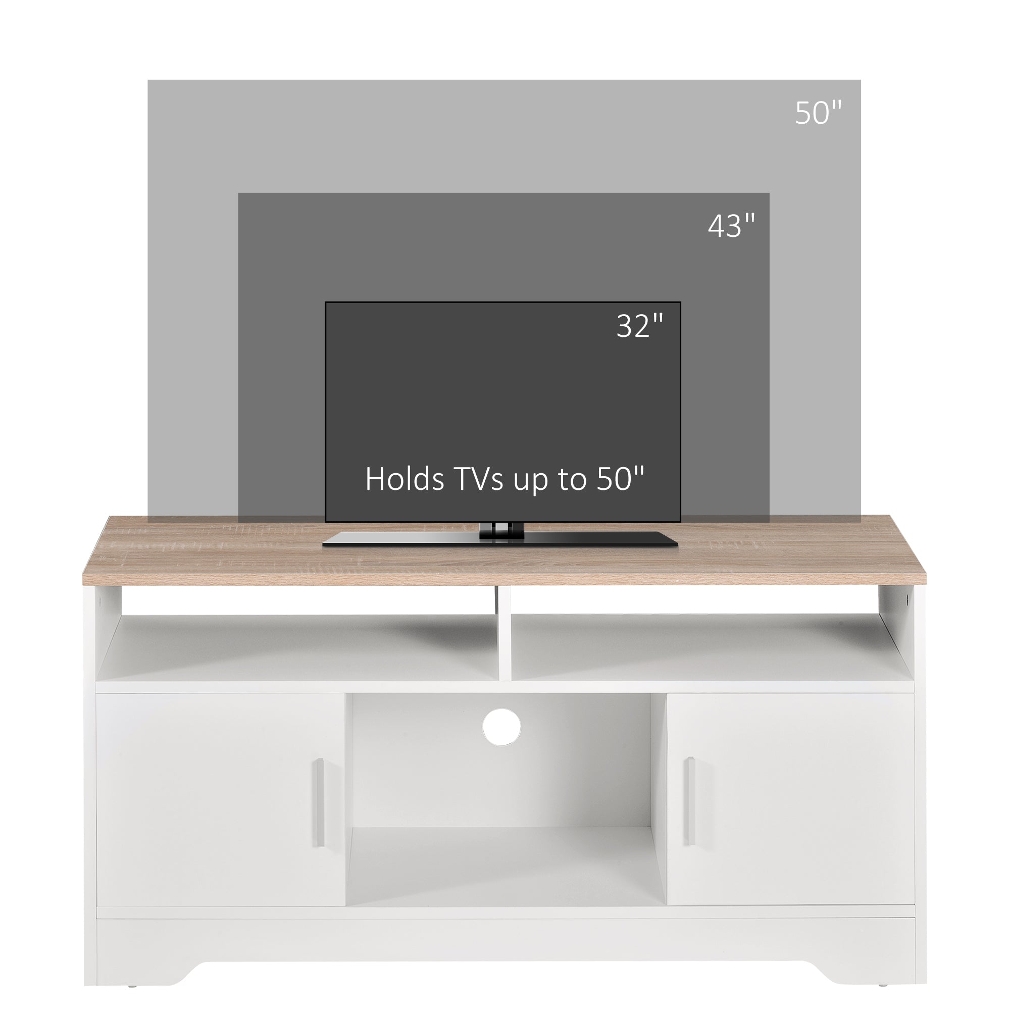 Kozy TV Stand Cabinet up to 50", Modern TV Unit with Storage, Open Shelves and Cable Management for Living Room, Bedroom, White