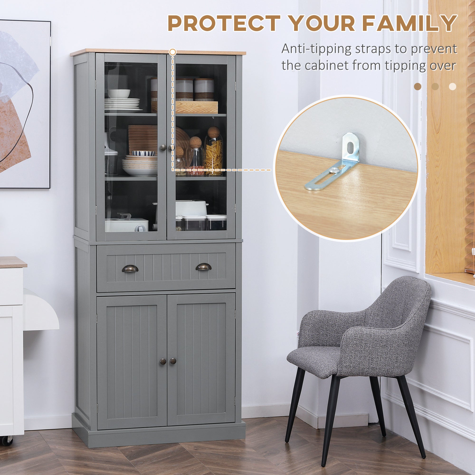 Kozy 180cm Tall Kitchen Pantry Cupboard, Freestanding Storage Cabinet with 5 Tier, Adjustable Shelves,  Drawer, Grey