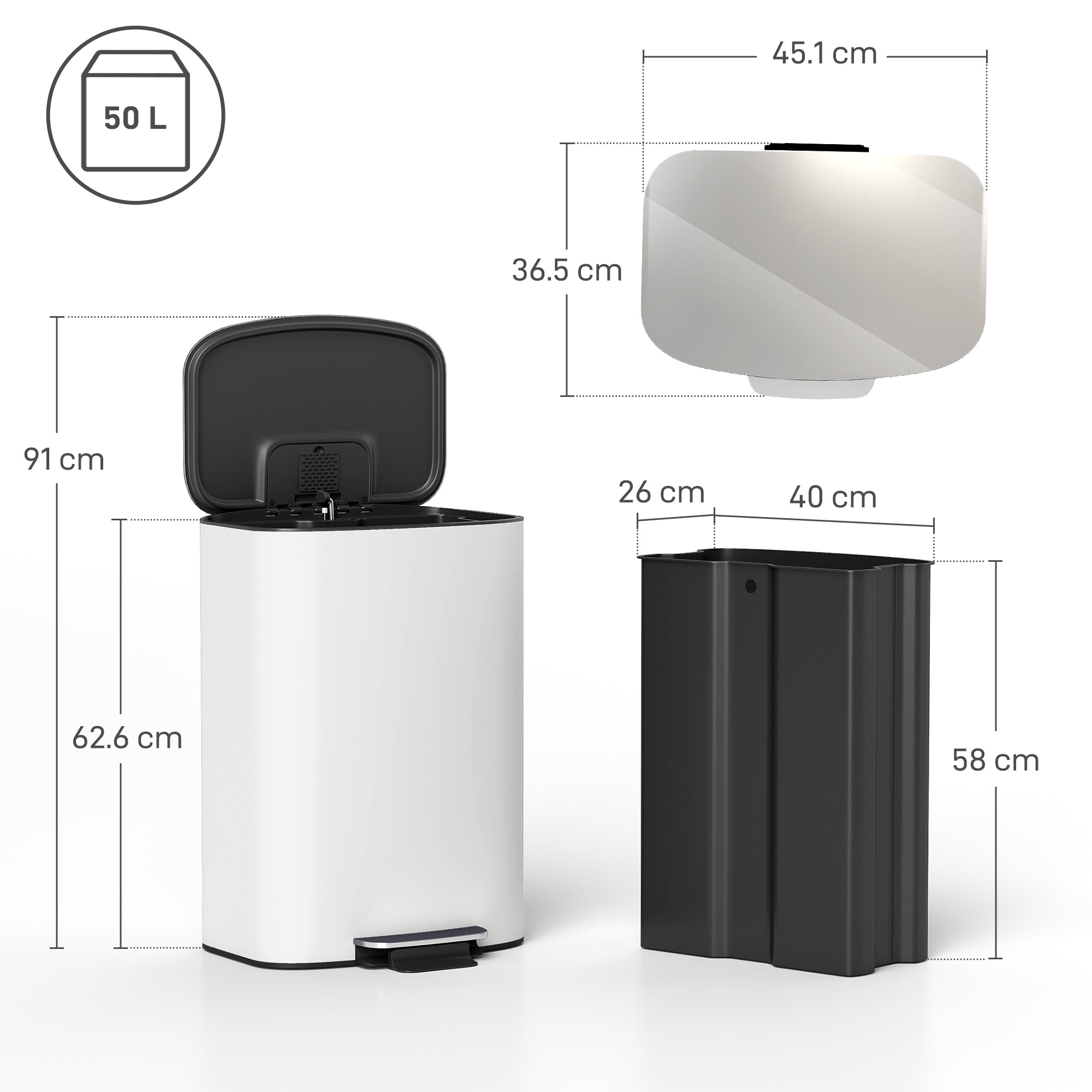 Kozy 50L Kitchen Bin with Soft-Close Lid and Stay-Open Function, Stainless Steel Pedal Bin with Removable Inner Bucket, Carry Handle for Kitchen, Office, Home, Cream