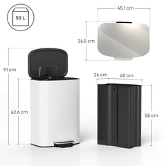 Kozy 50L Kitchen Bin with Soft-Close Lid and Stay-Open Function, Stainless Steel Pedal Bin with Removable Inner Bucket, Carry Handle for Kitchen, Office, Home, Cream