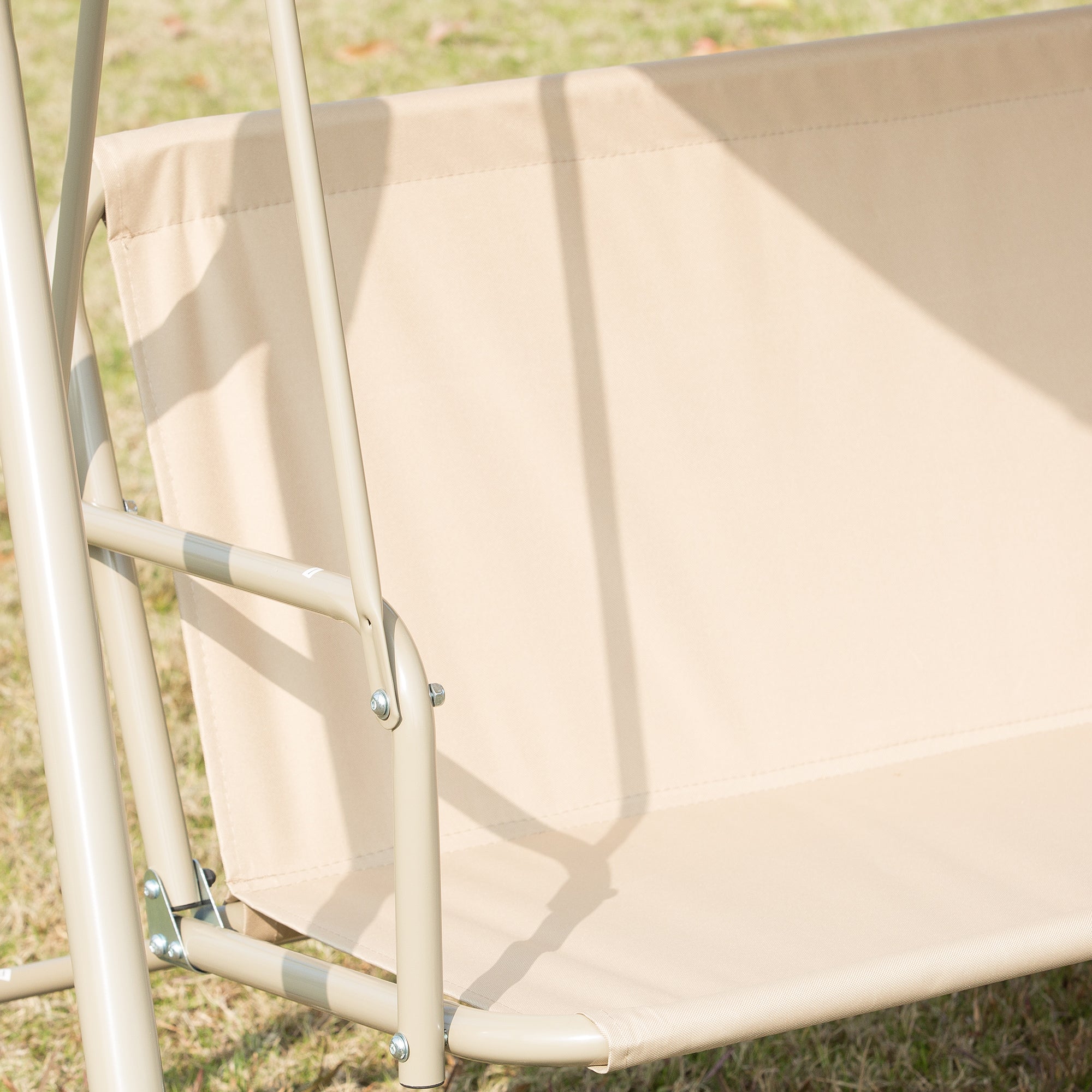 Outsunny 3 Seater Garden Swing Chair Patio Rocking Bench w/ Tilting Canopy, Removable Cushion, Light Brown Top, Brown