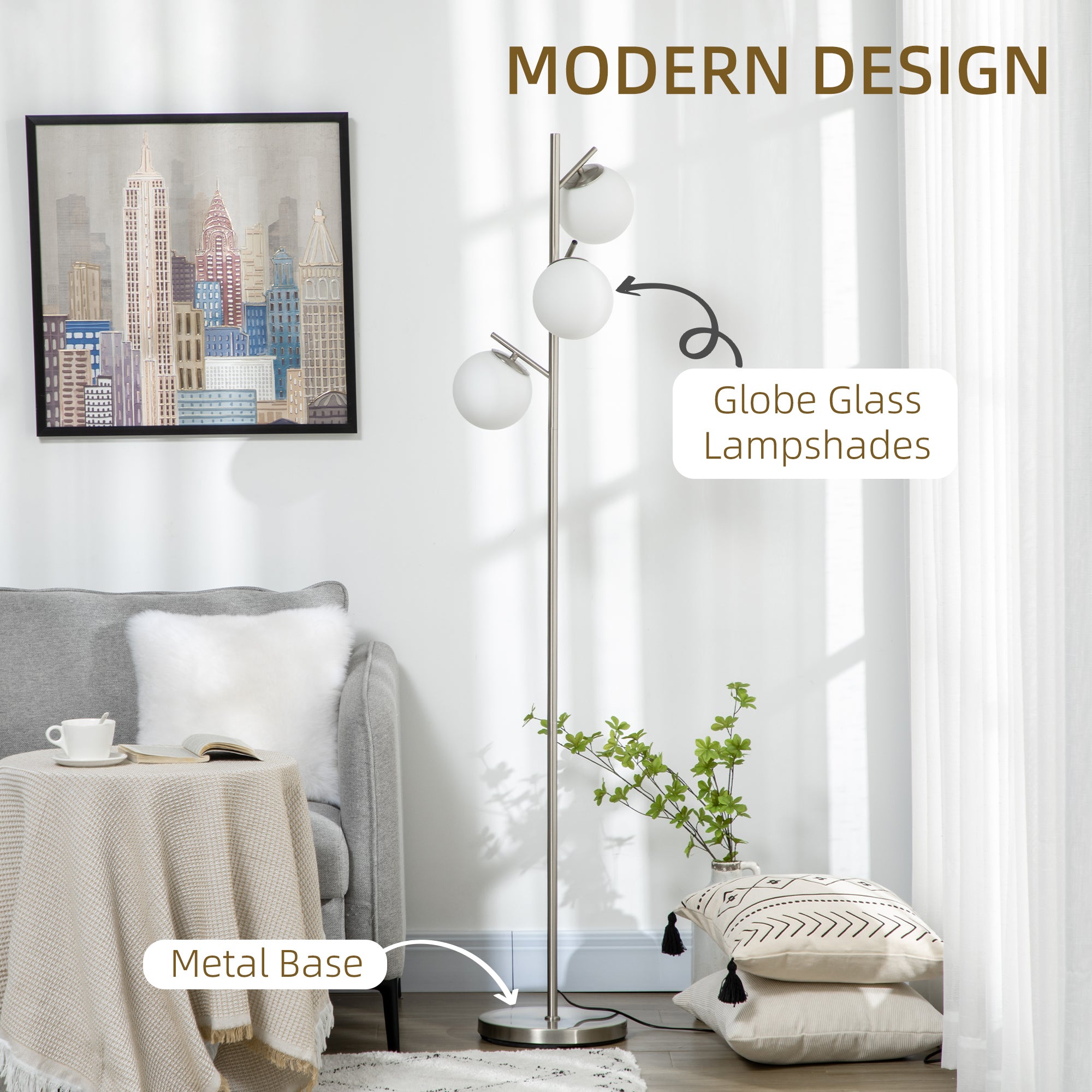 Kozy 3-Light Tree Floor Lamps for Living Room, Modern Standing Lamp for Bedroom with Globe Lampshade, Steel Base, Bulb not Included, Silver Tone