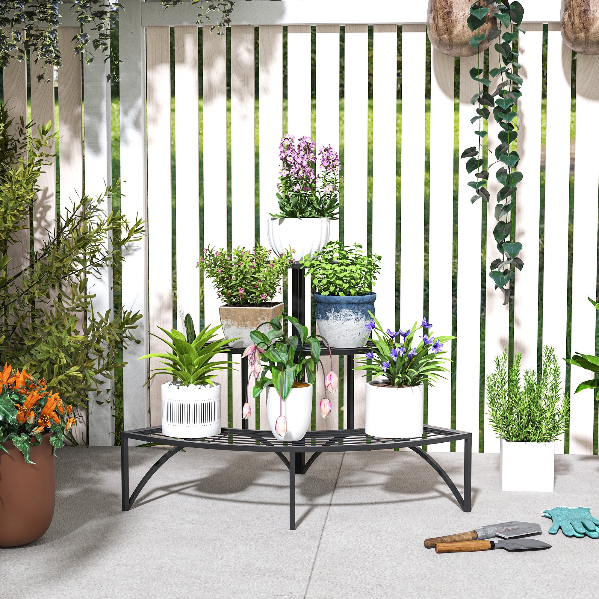 Kozy - Three-Tier Corner Metal Plants Shelves - Black
