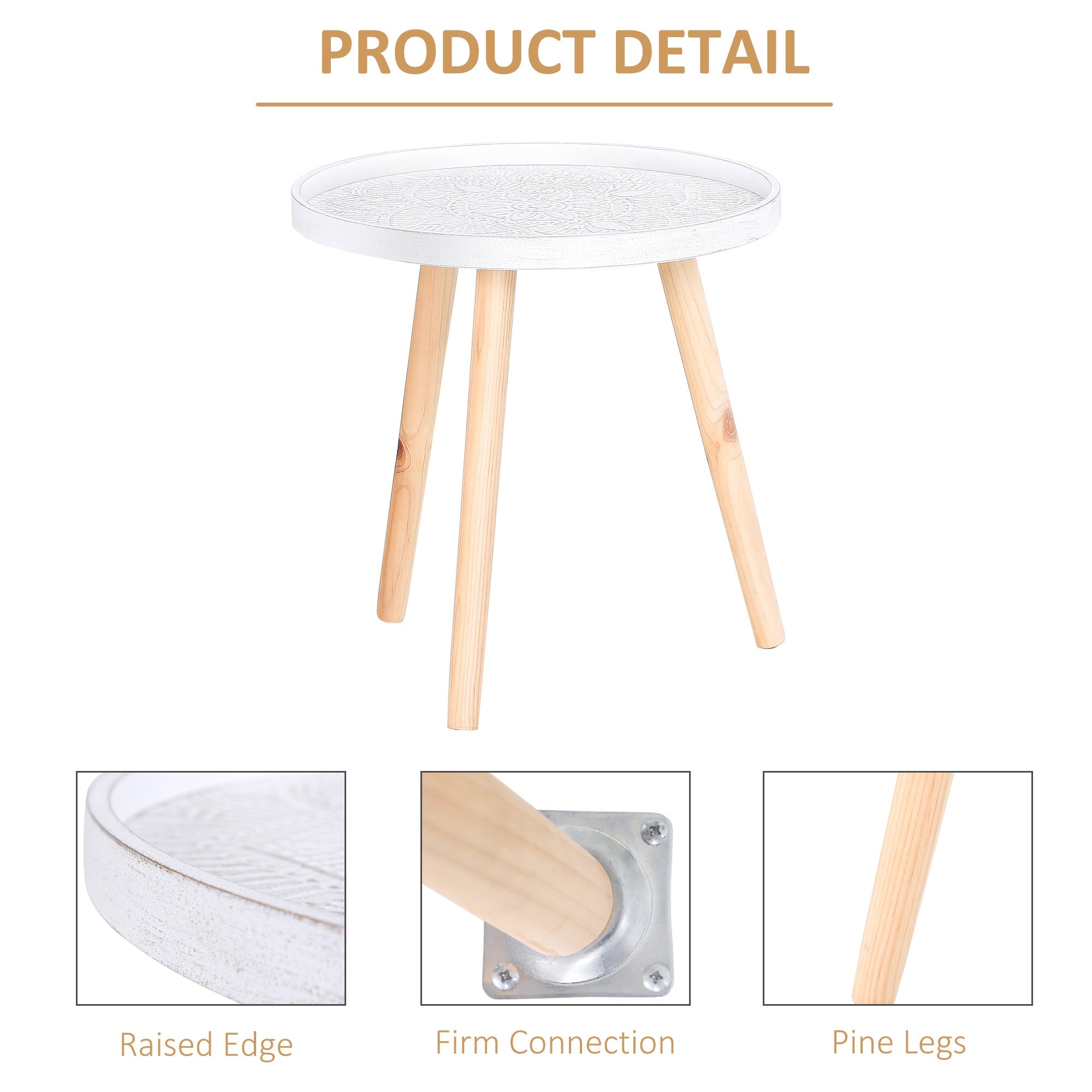 HOMCOM Carved Elegance: Set of 2 Floral Coffee Tables with Tray Top, Wooden Legs, Modern Round Side Tables, White | Aosom UK