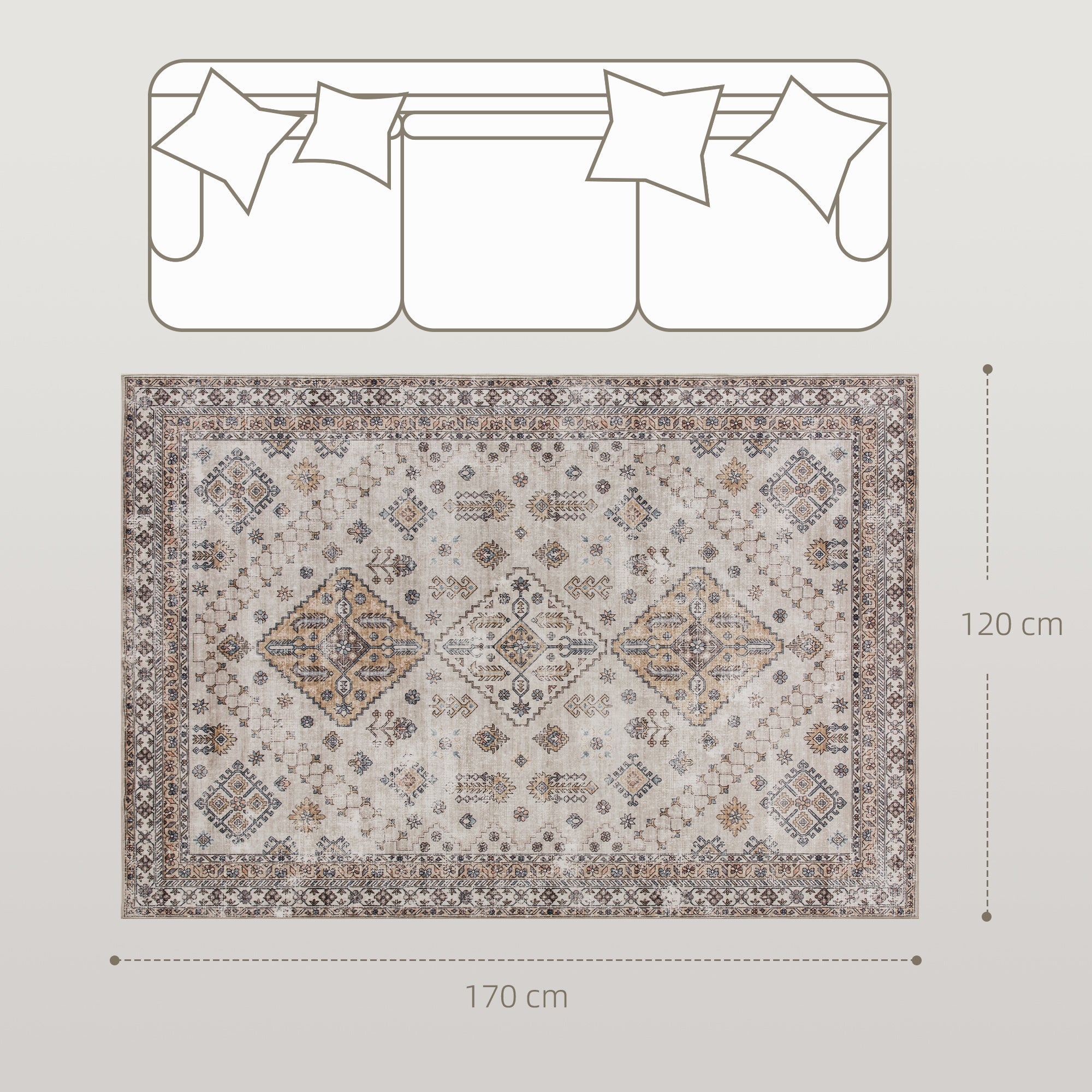 Kozy - Vintage Area Rug, Non-Slip Washable Rug, Flannel Floor Carpet for Living Room, Bedroom, Dining Room, Home Office, 170 x 120 cm, Beige