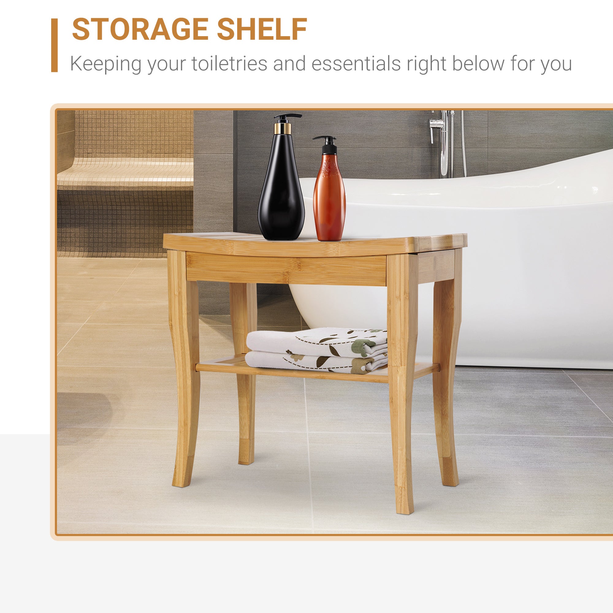 Kozy 45cm 2-Tier Slatted Shower Bench Storage Seat w/ 4 Legs Comfortable Safe Bathroom Stool Spa Bath Organiser