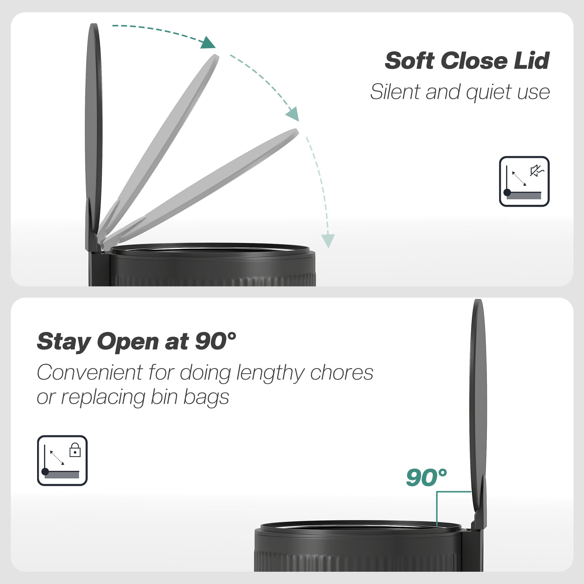 Kozy 30 Litre Pedal Kitchen Bin with Soft Close and Stay Open Lid, Rubbish Bin with Removable Inner Bucket for Kitchen, Office, Home, Black