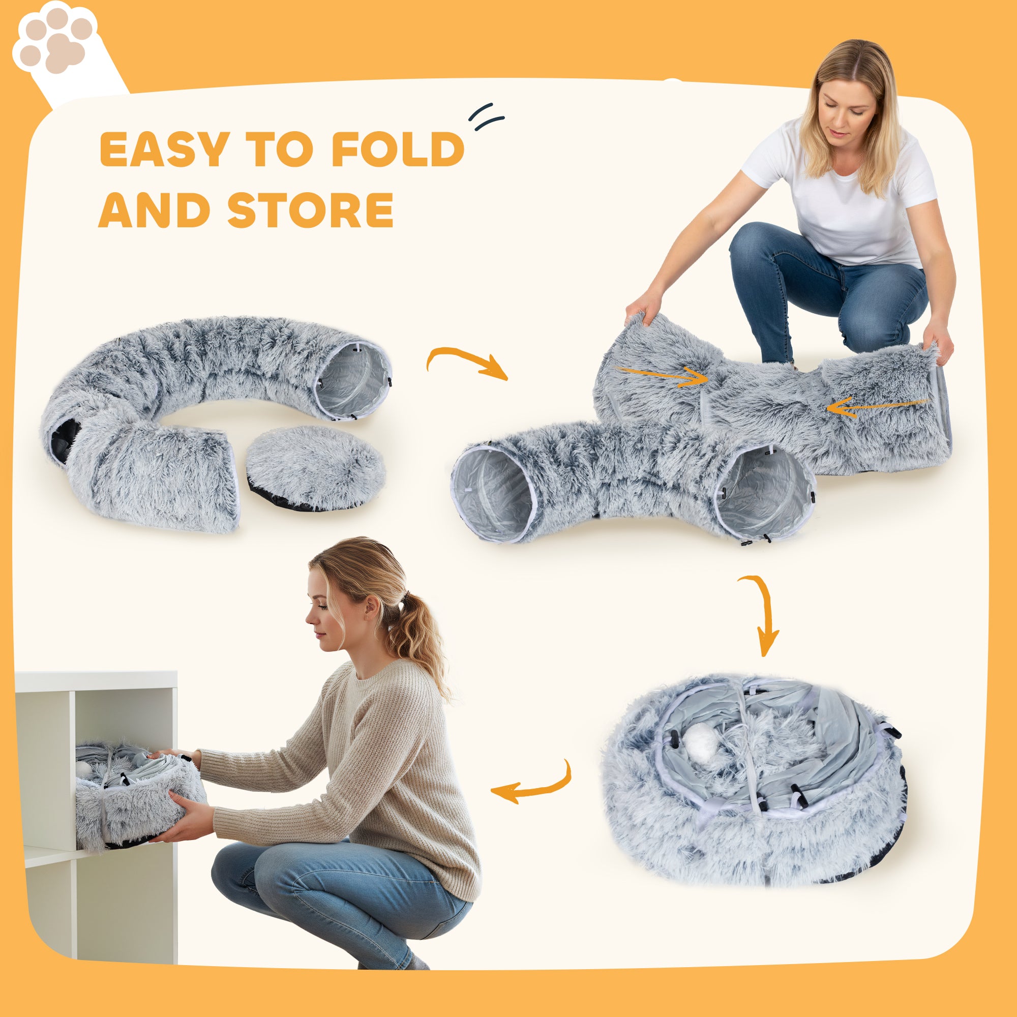 Kozy - 2-in-1 Donut Cat Tunnel with Washable Bed, Play Tunnel Bed with Toy Ball and Door Hole for Indoor Cats, Light Grey