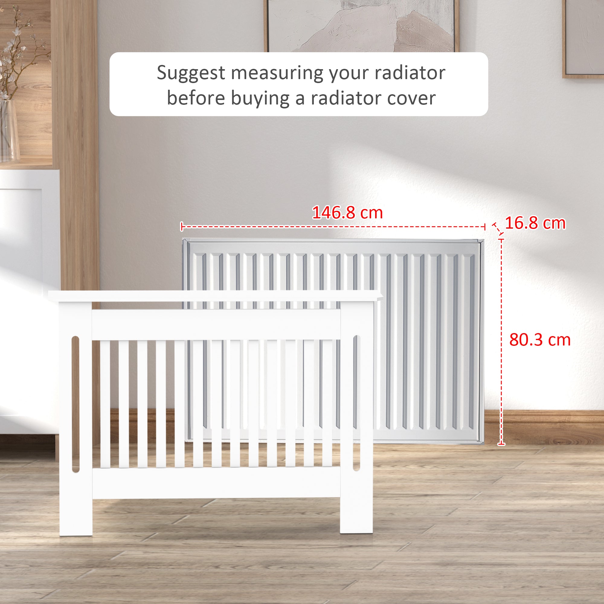 Kozy Slatted Radiator Cover Painted Cabinet MDF Lined Grill in White (152L x 19W x 81H cm)