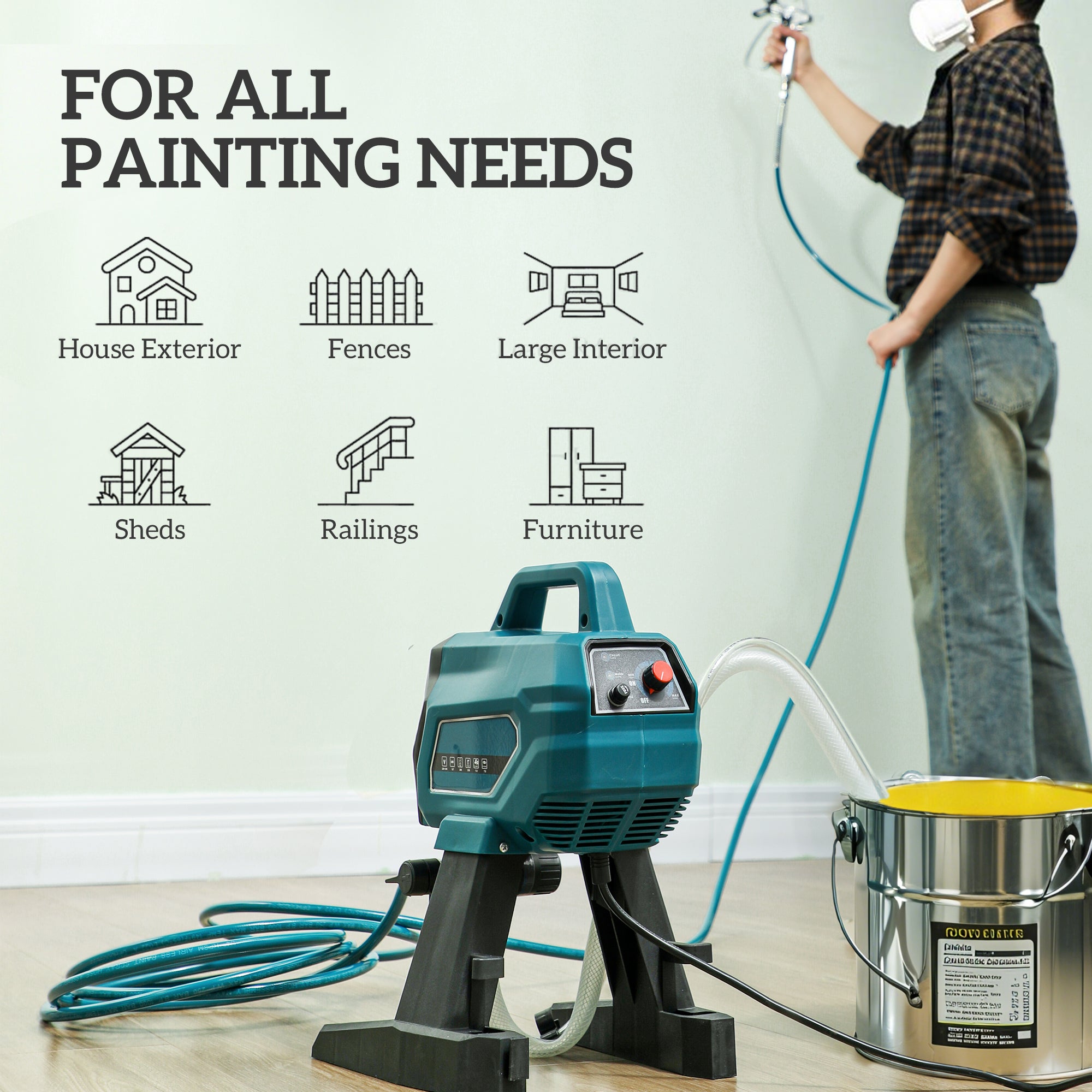 Kozy - Airless Paint Sprayer, Thinning-Free, Electric﻿ Fence Paint Sprayer for Exterior and Interior DIY Painting Projects, Wall Spray Gun Machine, Household Use, 1.5L/min, 200 Bar, 7.5 m Hose Blue