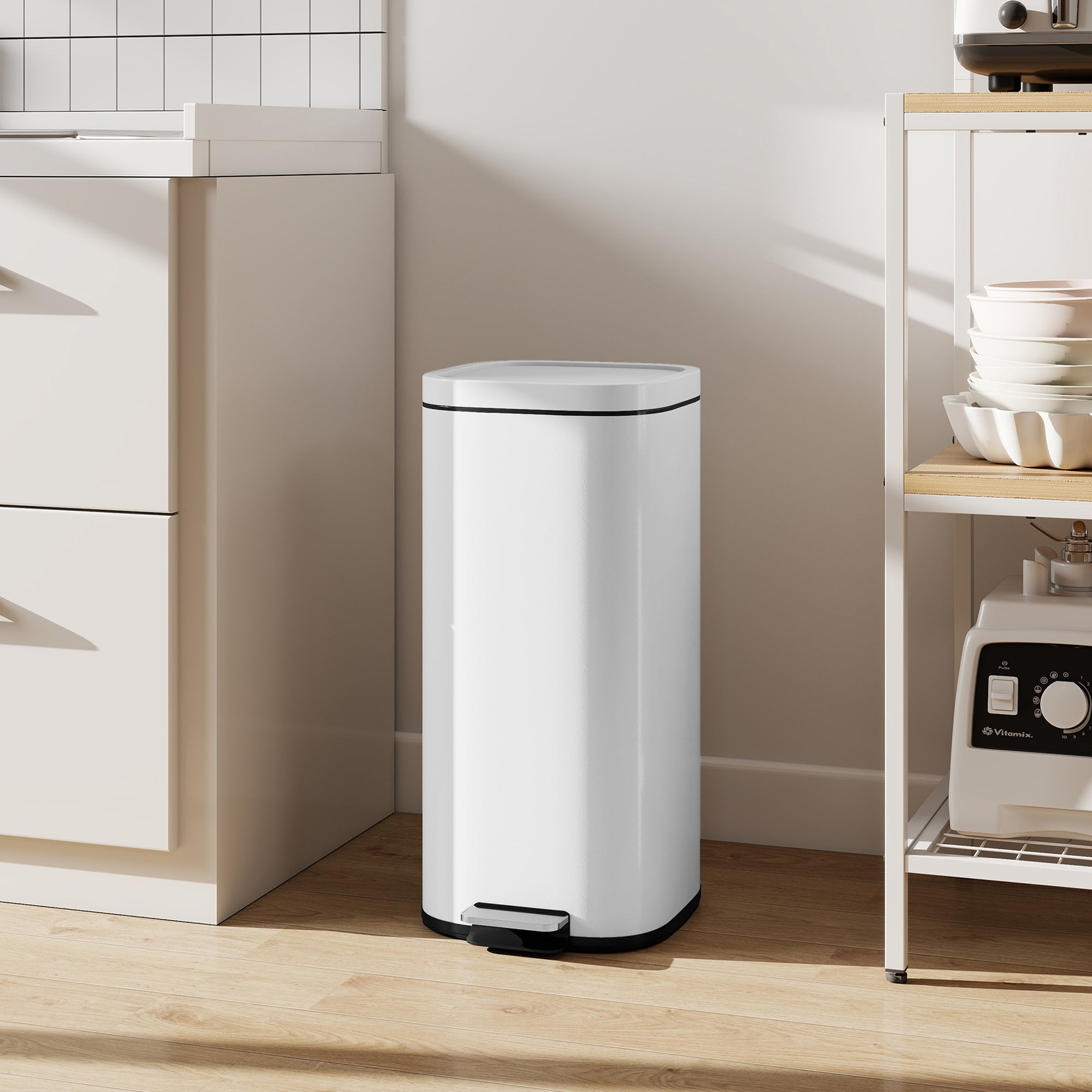 Kozy 30L Kitchen Bin, Compact Pedal Bin with Soft-Close and Stay-Open Lid, Removable Bucket for Kitchen, Home, Office, White