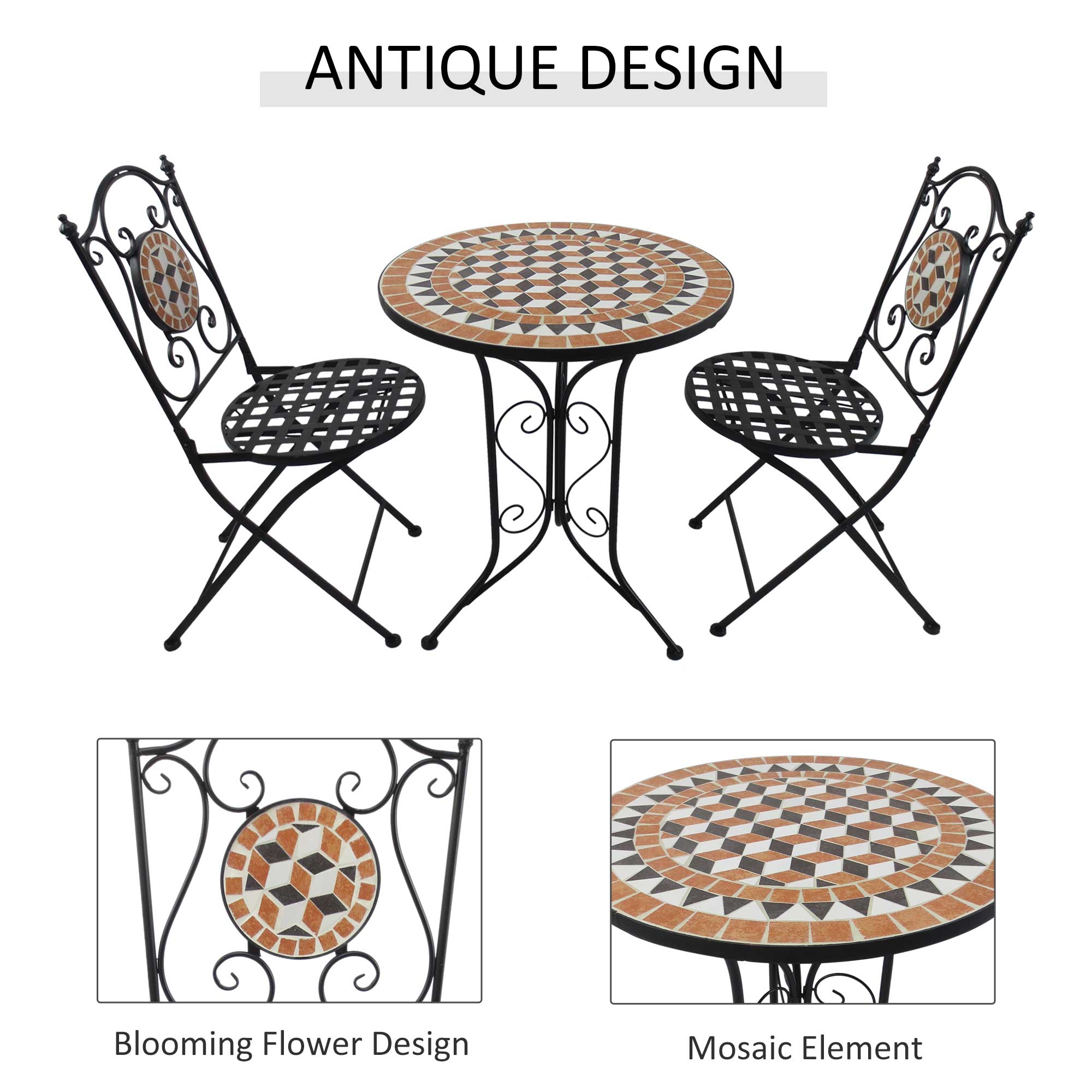 Outsunny 3 PCs Garden Mosaic Bistro Set Outdoor Patio 2 Folding Chairs & 1 Round Table  Outdoor Metal Furniture Vintage