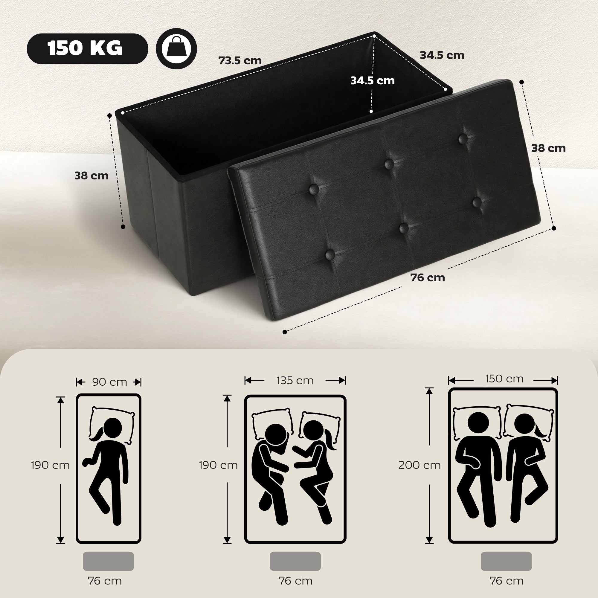 Kozy Storage Ottoman Bench, 89L PU Leather Folding Foot Rest Stool, End of Bed Bench, Easy Assembly, for Living Room, Bedroom, Entryway, Grey