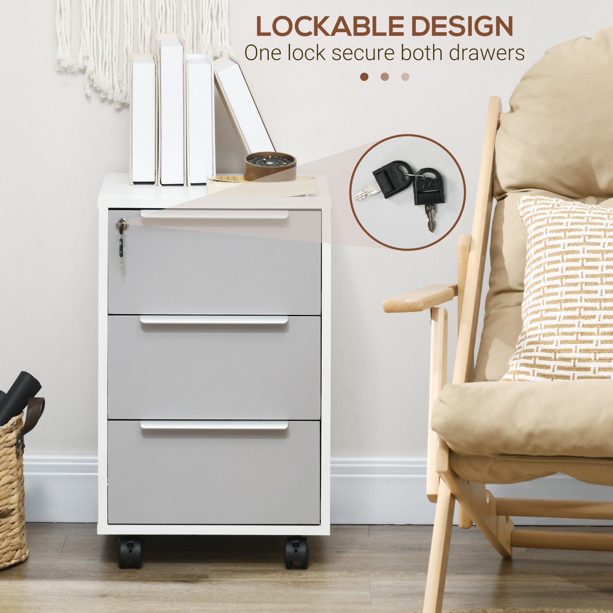 Kozy Three-Drawer Locking Filing Cabinet - Grey/White