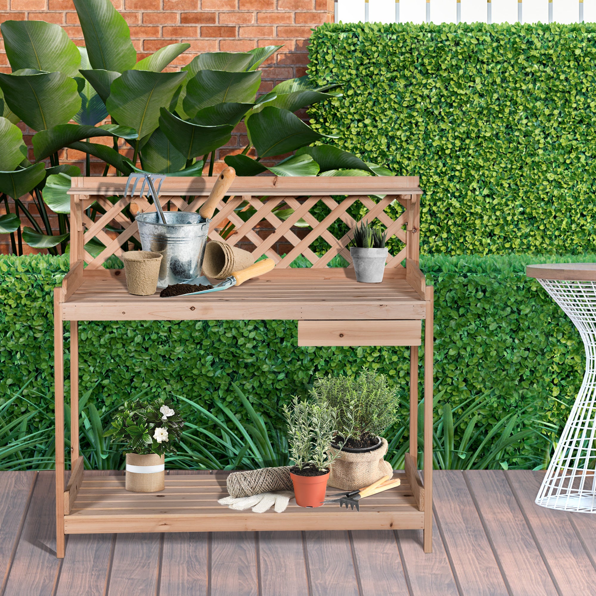 Outsunny Wooden Garden Potting Table with Drawer Flower Plant Work Bench Workstation Tool Storage Shelves Outdoor Grid