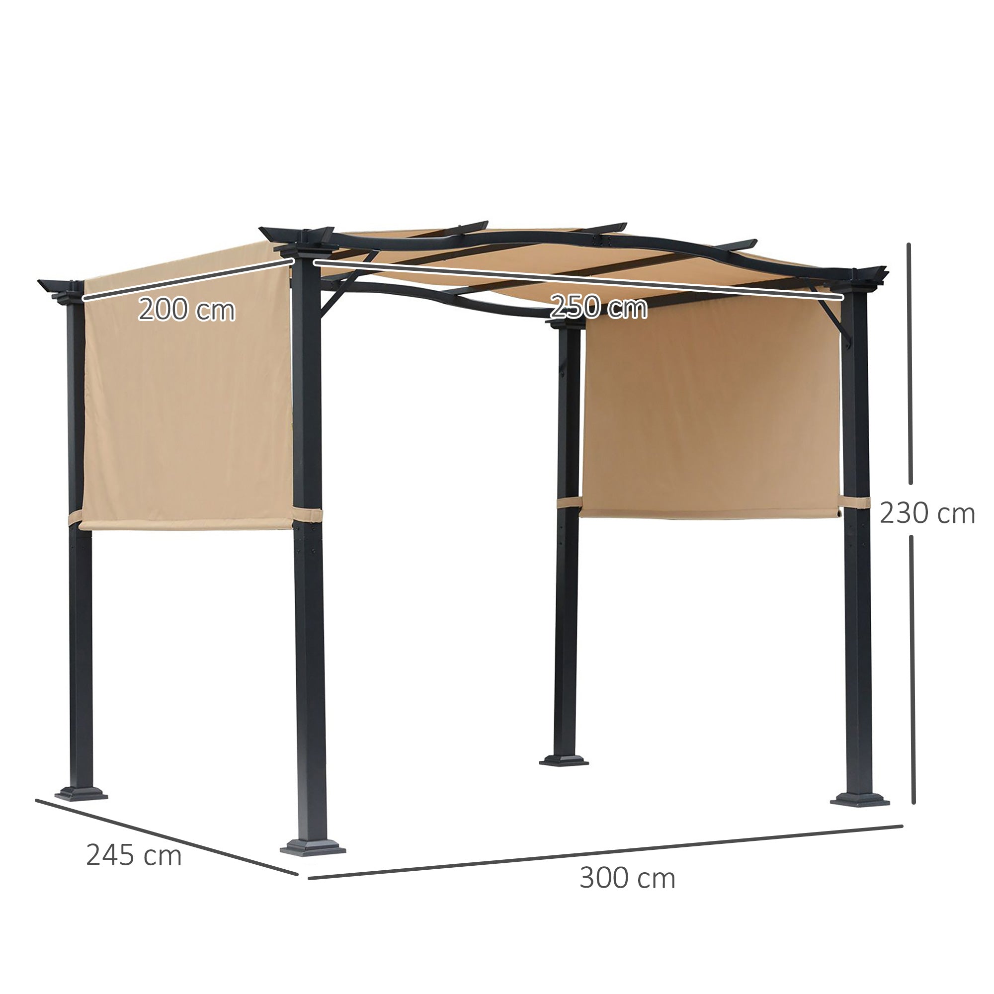 Kozy Outdoor Retractable Pergola Garden Gazebo with Two Adjustable Side Canopy Overhead Sun Shade Backyard Canopy Cover, Steel Khaki 2.96x2.45x2.3m