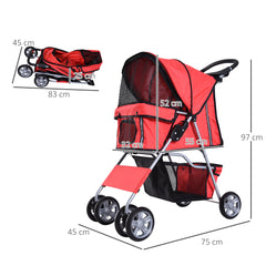 PawHut Pet Stroller, Dog Pram, Foldable Pushchair, Cat Travel Carriage with Wheels, Zipper Entry, for Small Pets, Red