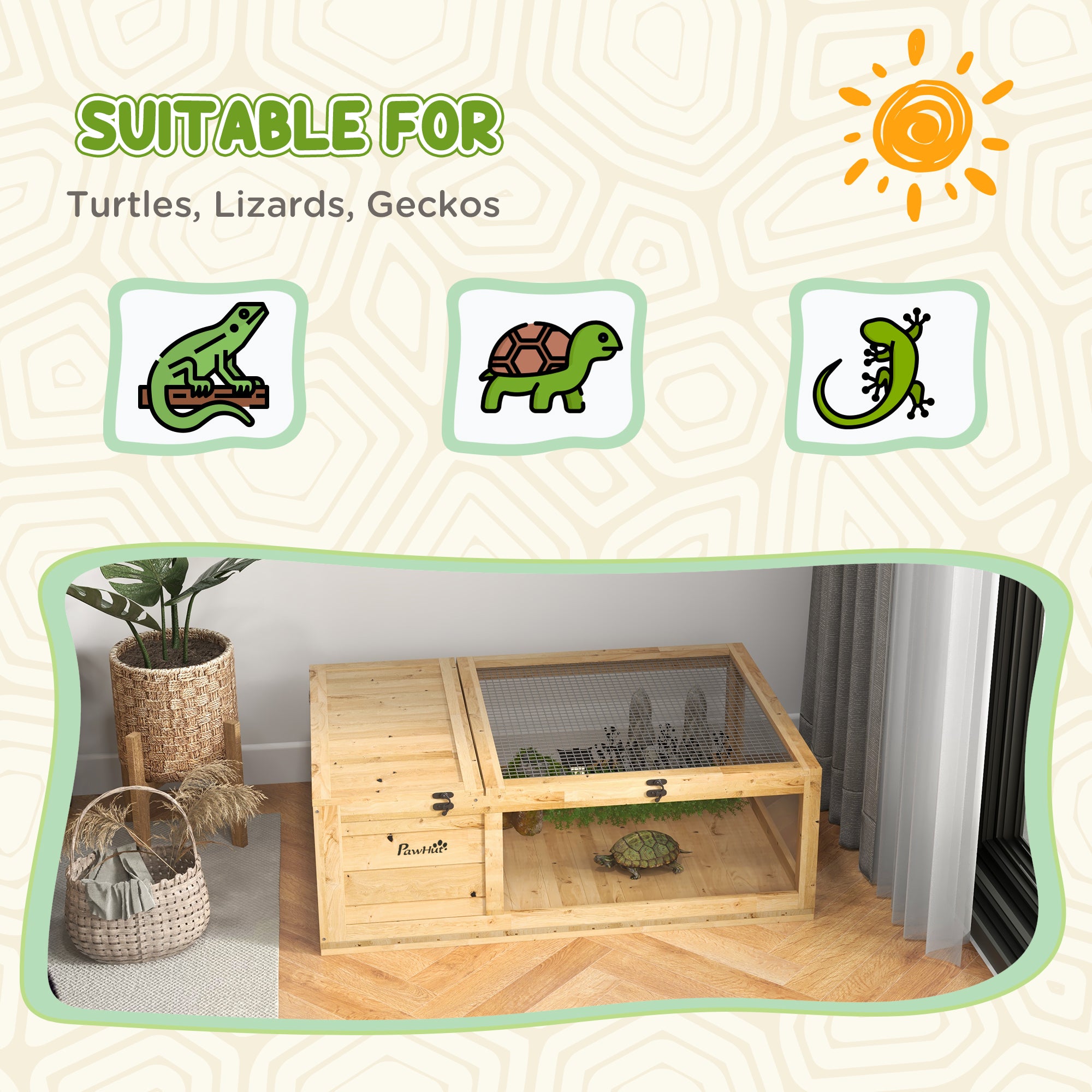 Kozy - Tortoise House, Small Reptile Wooden House, with Mesh Roofs, Side Panels, for Turtles, Lizards, Geckos and Snakes