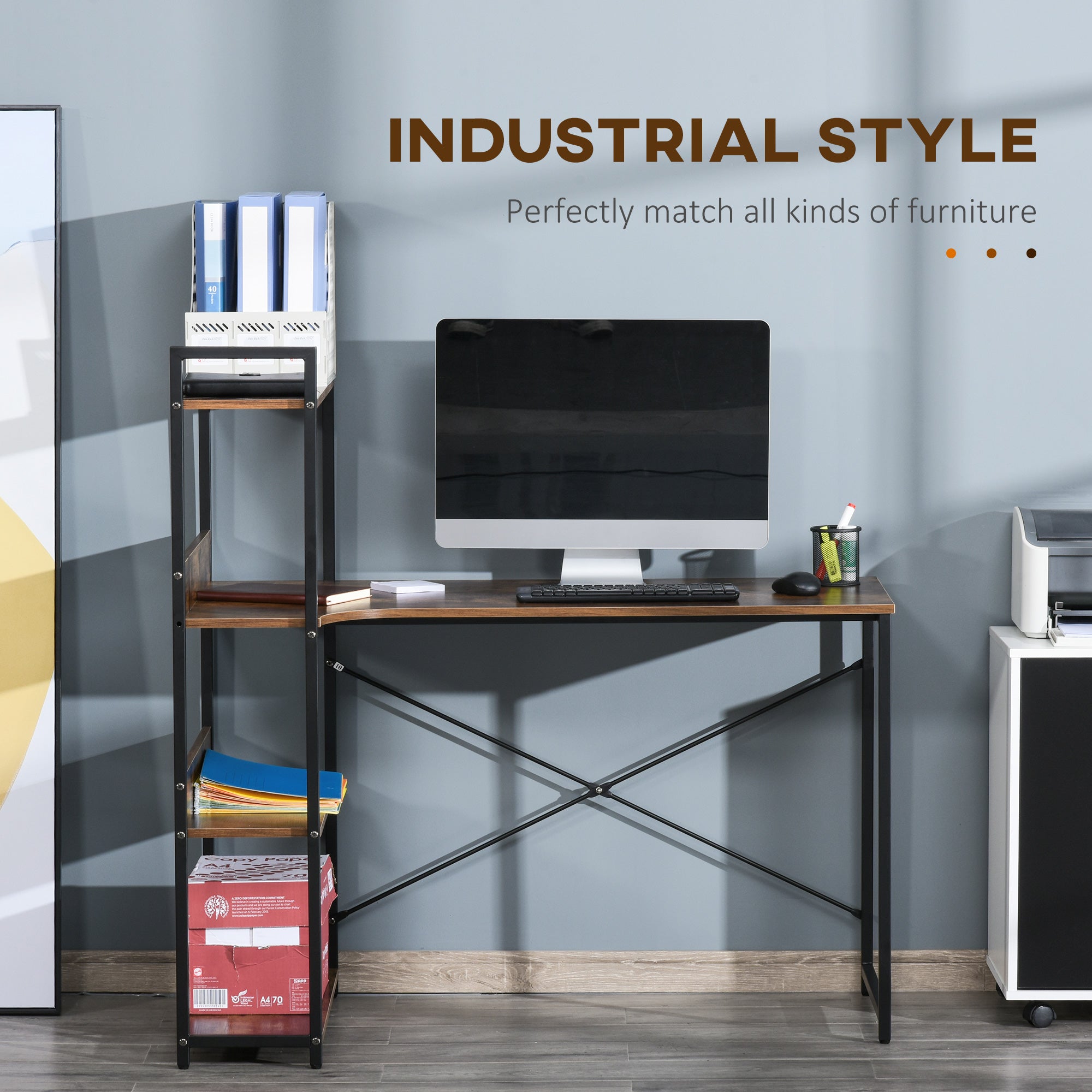 Kozy Office Desk with Storage Shelves, 120 CM Computer Desk, Industrial Study Table with Metal Frame for Home Office Small Space, Rustic Brown