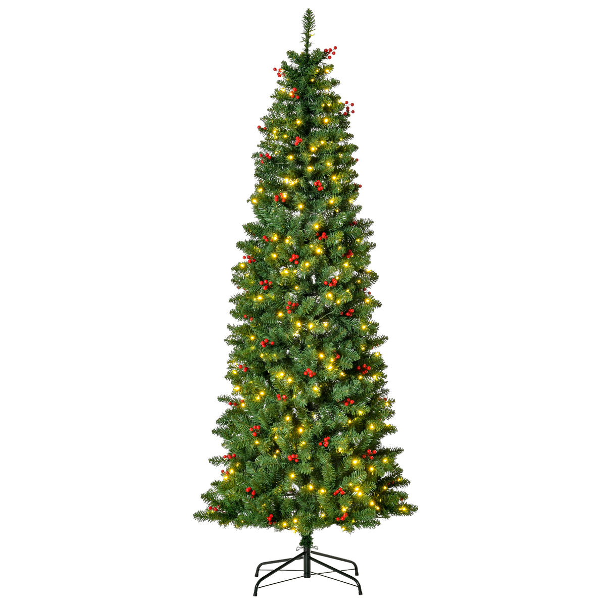 Kozy 7FT Prelit Artificial Pencil Christmas Tree with Warm White LED Light, Red Berry, Holiday Home Xmas Decoration, Green