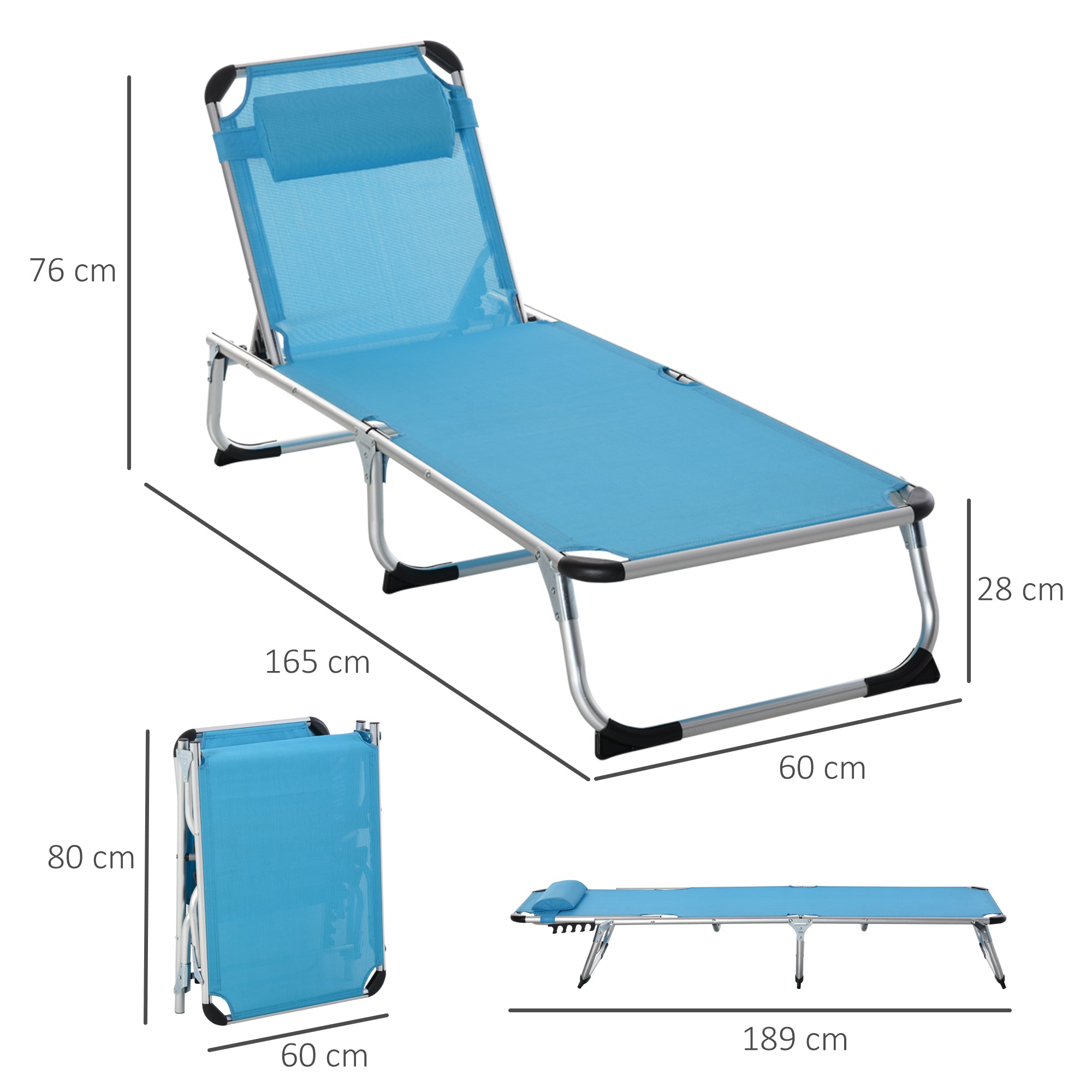 Kozy Foldable Outdoor Sun Lounger, Reclining Lounge Chair Camping Bed Cot with Pillow 4-Level Adjustable Back Aluminium Frame, Blue